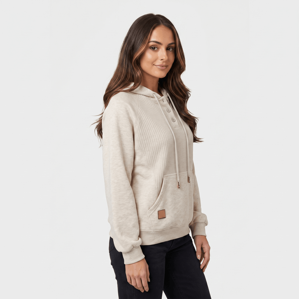 Wendy Ribbed Knit Hoodie – Button Placket Drawstring Raglan Pullover