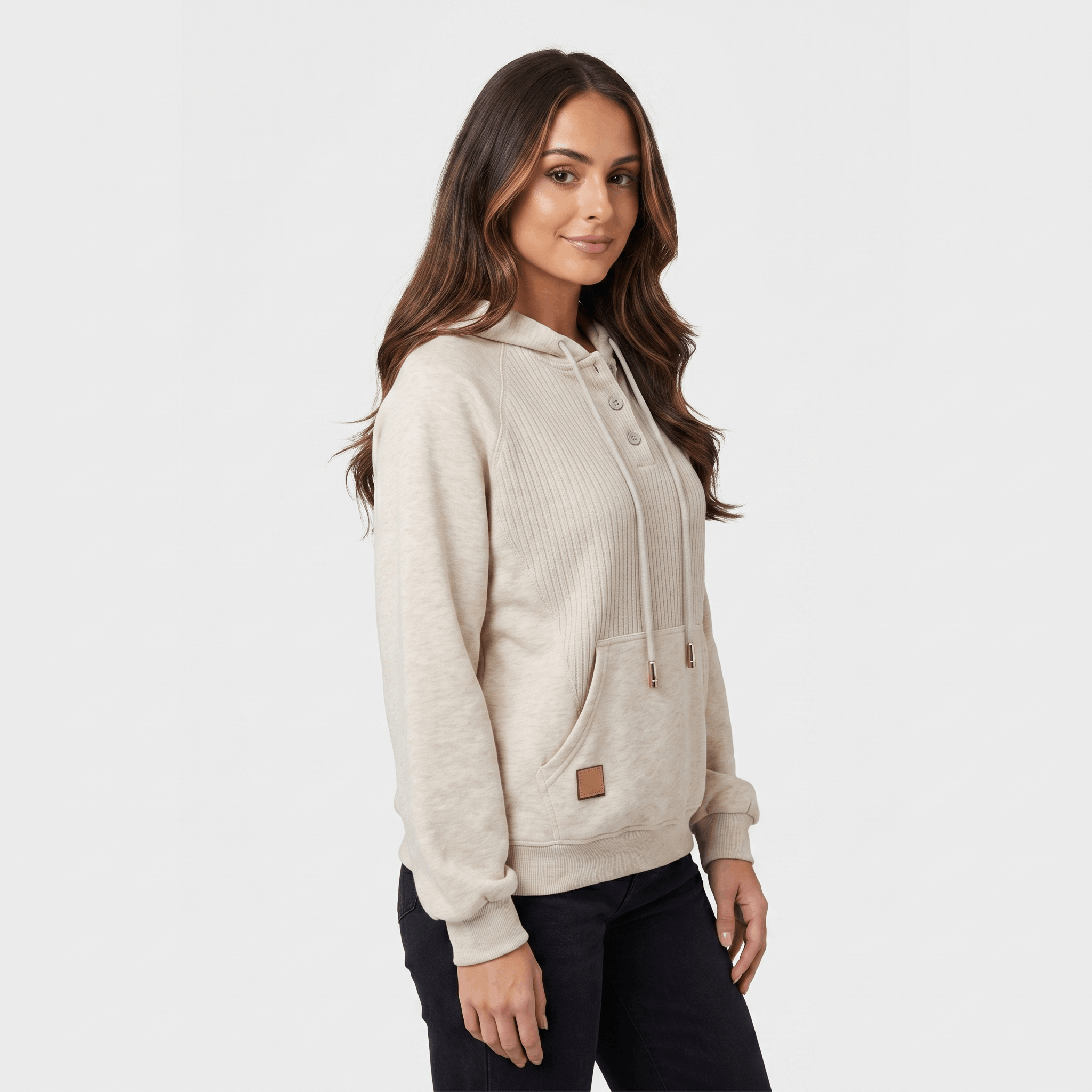Wendy Ribbed Knit Hoodie – Button Placket Drawstring Raglan Pullover