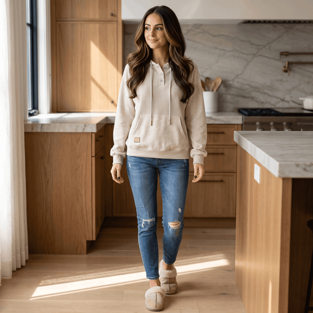 Wendy Ribbed Knit Hoodie – Button Placket Drawstring Raglan Pullover