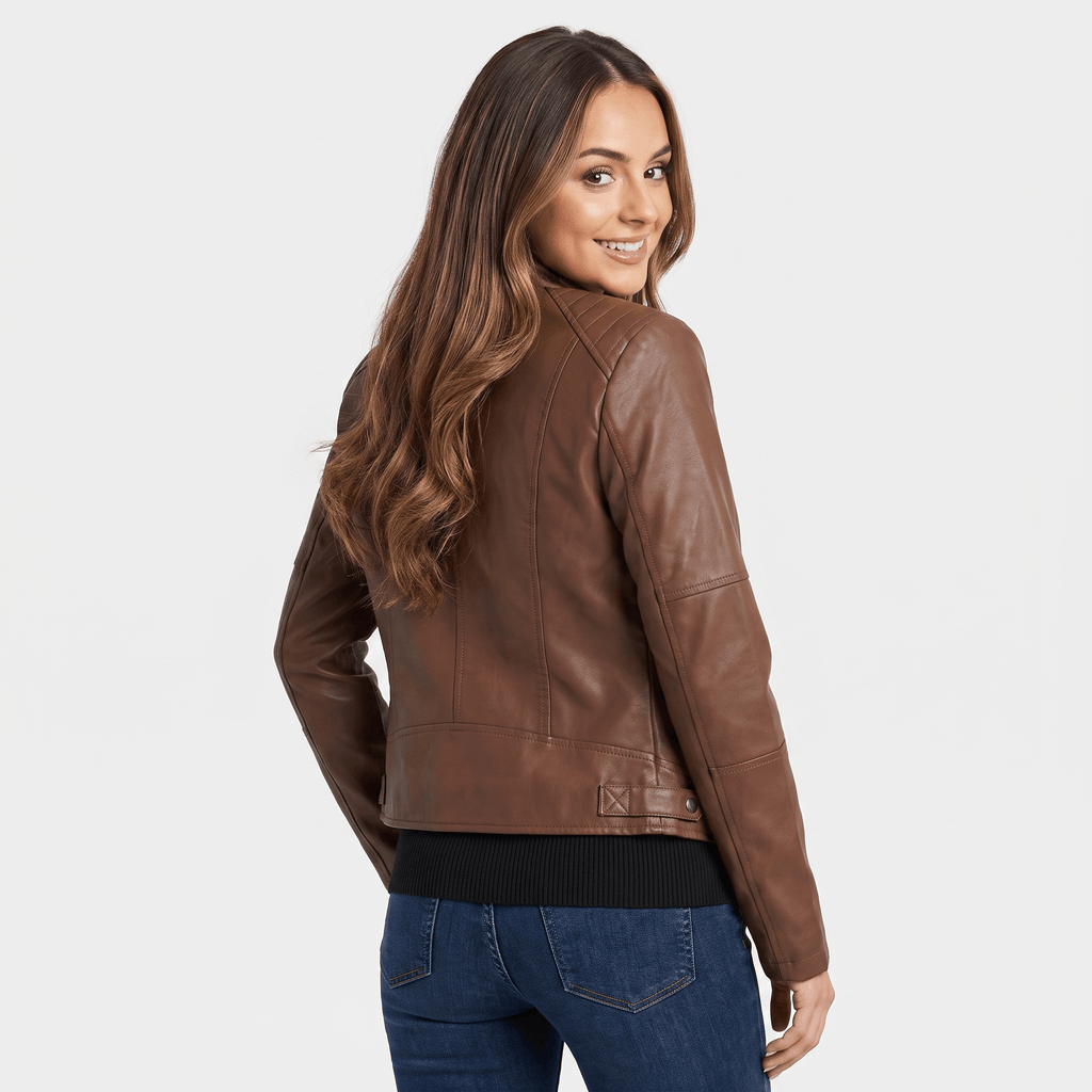 Back view of a women's brown faux leather jacket featuring a tailored fit, smooth faux leather finish, and long sleeves.