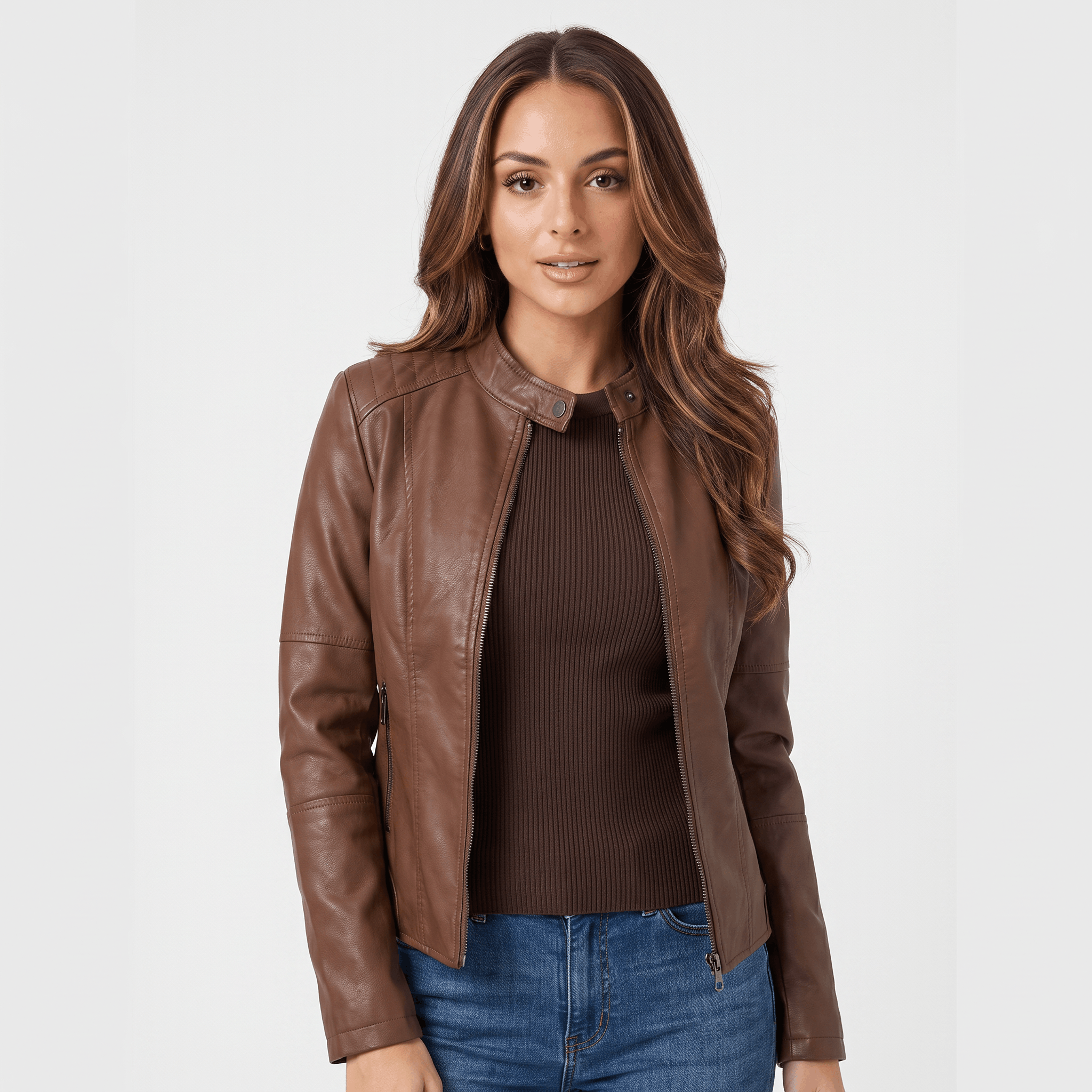 Woman wearing a brown faux leather jacket with a zip-front closure, round neckline, and fitted design over a brown top.