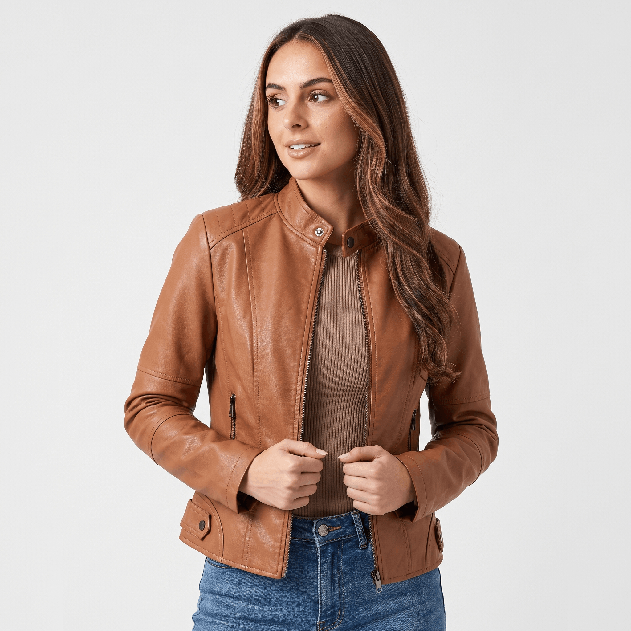 Woman wearing a camel faux leather jacket with a zip-front closure, fitted silhouette, and round neckline over a neutral top.