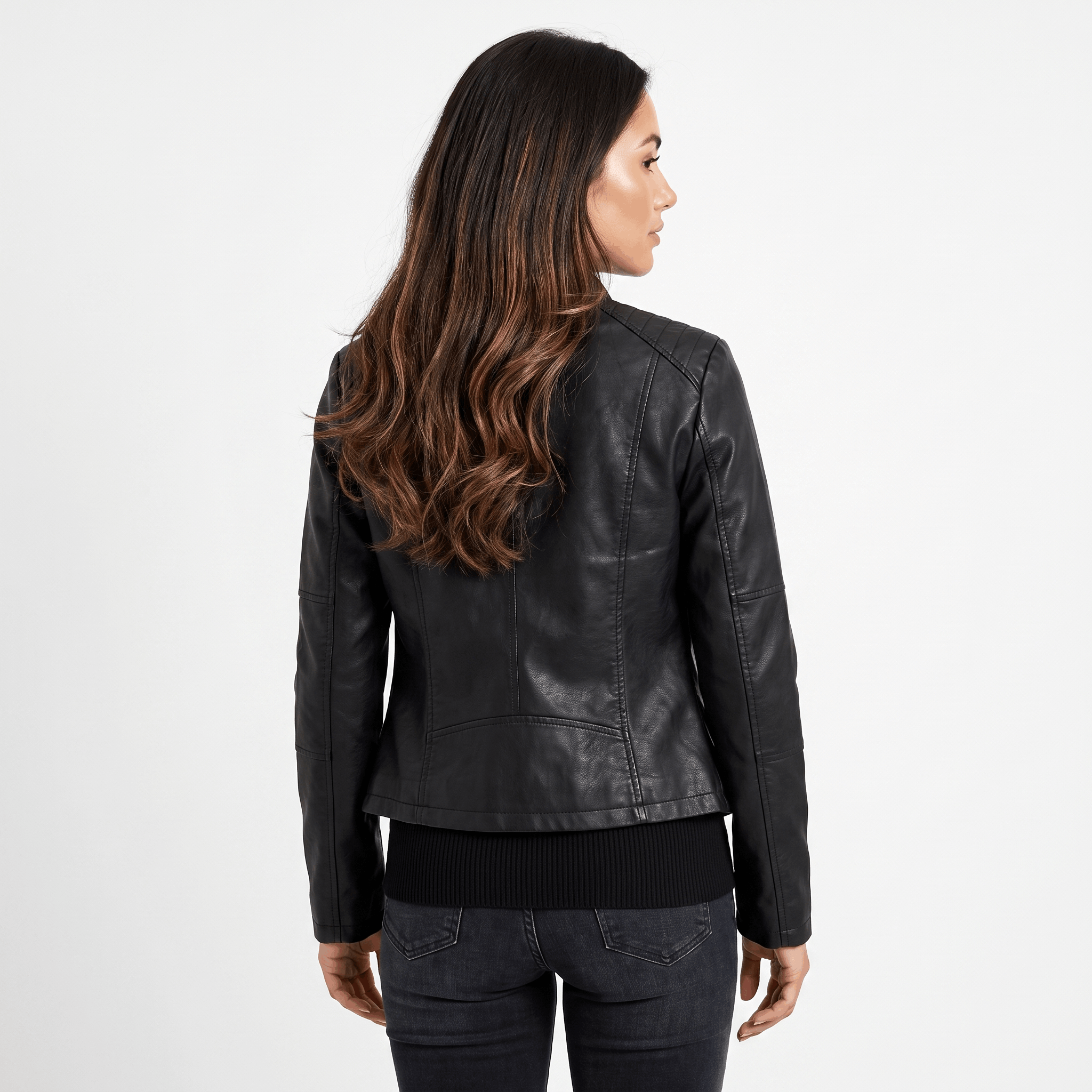 Back view of a women's black faux leather jacket with a fitted silhouette, smooth finish, and classic long sleeves.