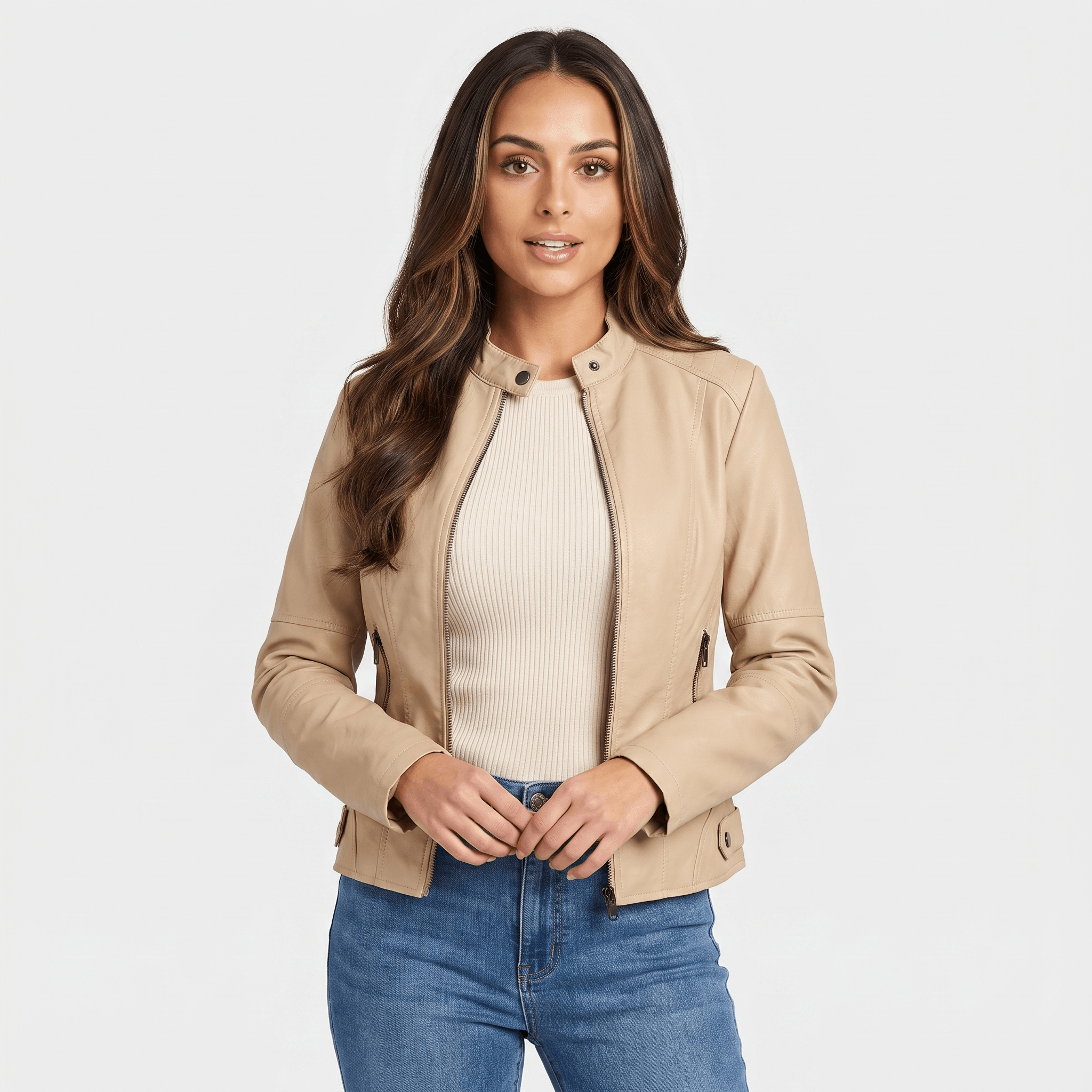 Woman wearing a camel faux leather jacket with a zip-front closure, fitted silhouette, and round neckline over a neutral top.