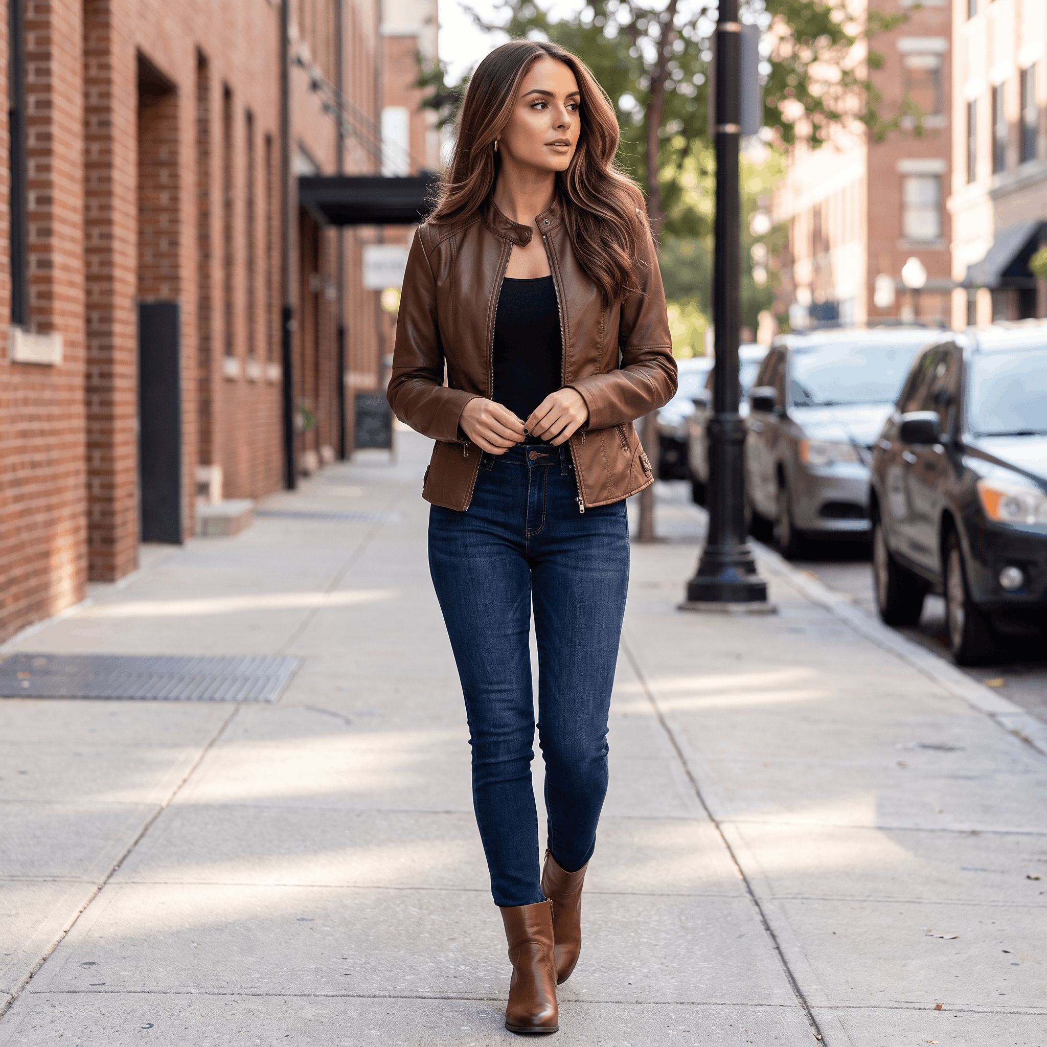 Woman wearing a brown faux leather jacket, blue jeans, and ankle boots while walking along a city street.