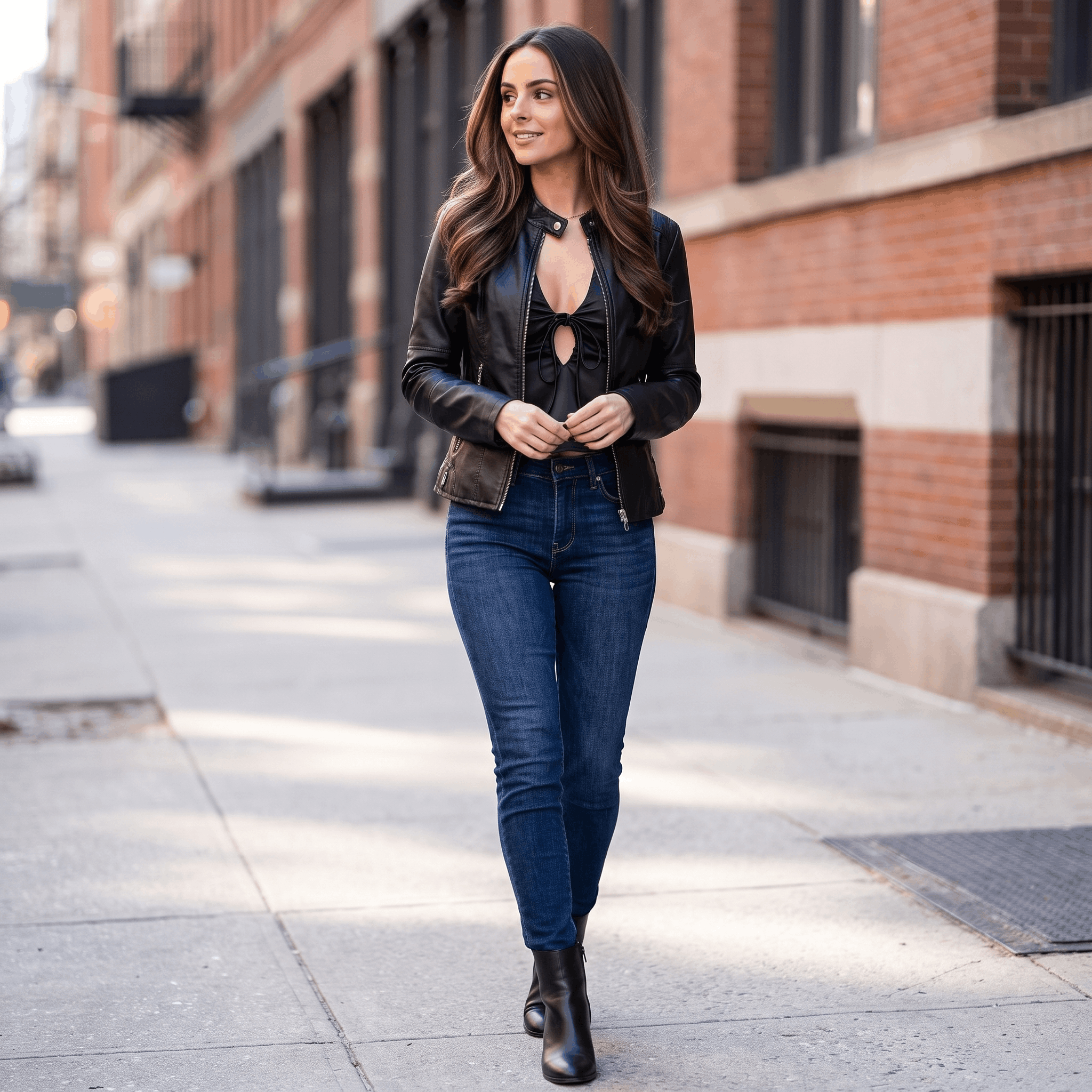 Woman wearing a black faux leather jacket paired with blue jeans and ankle boots while walking in an urban setting.