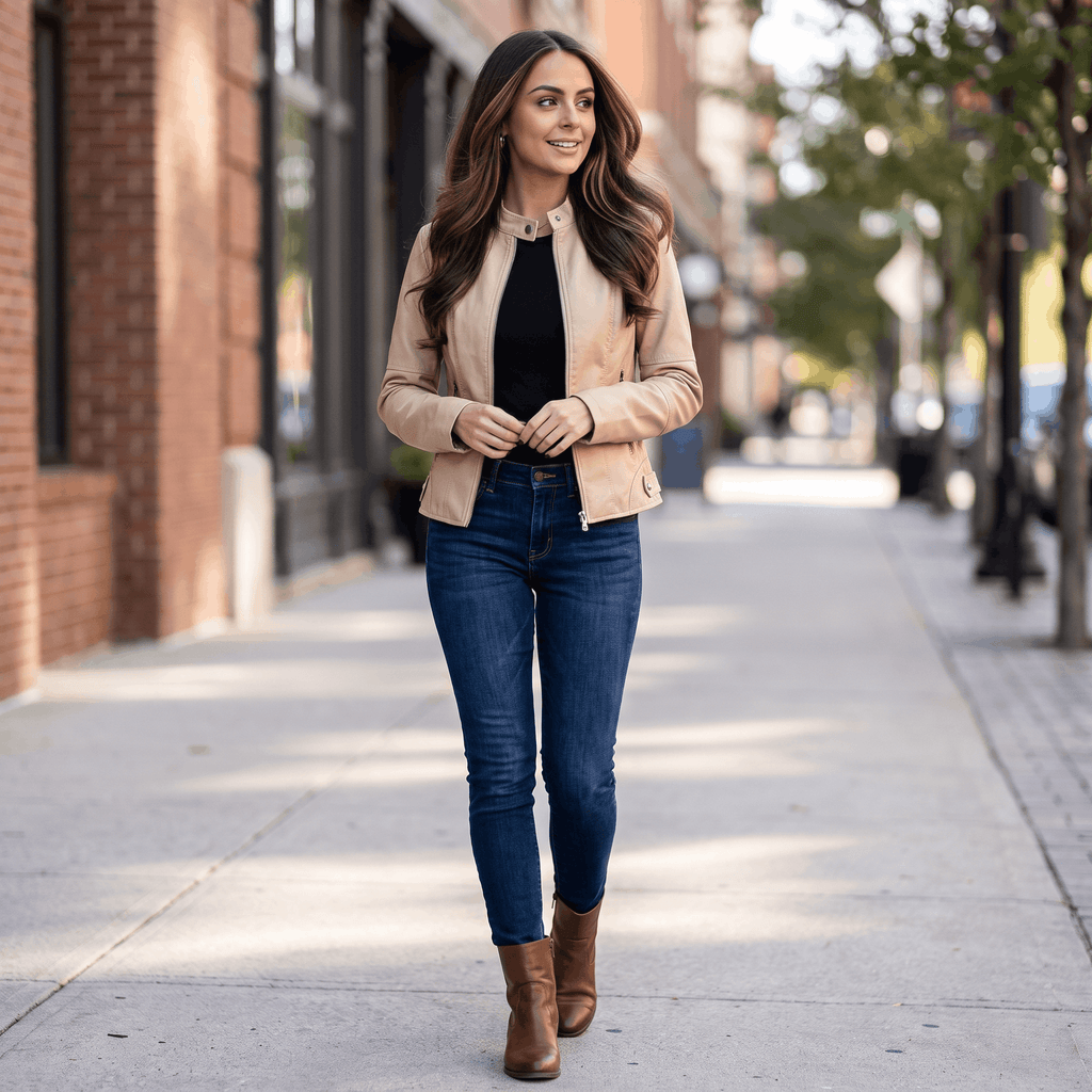 Woman wearing a camel faux leather jacket with blue jeans and ankle boots while walking down a city sidewalk.