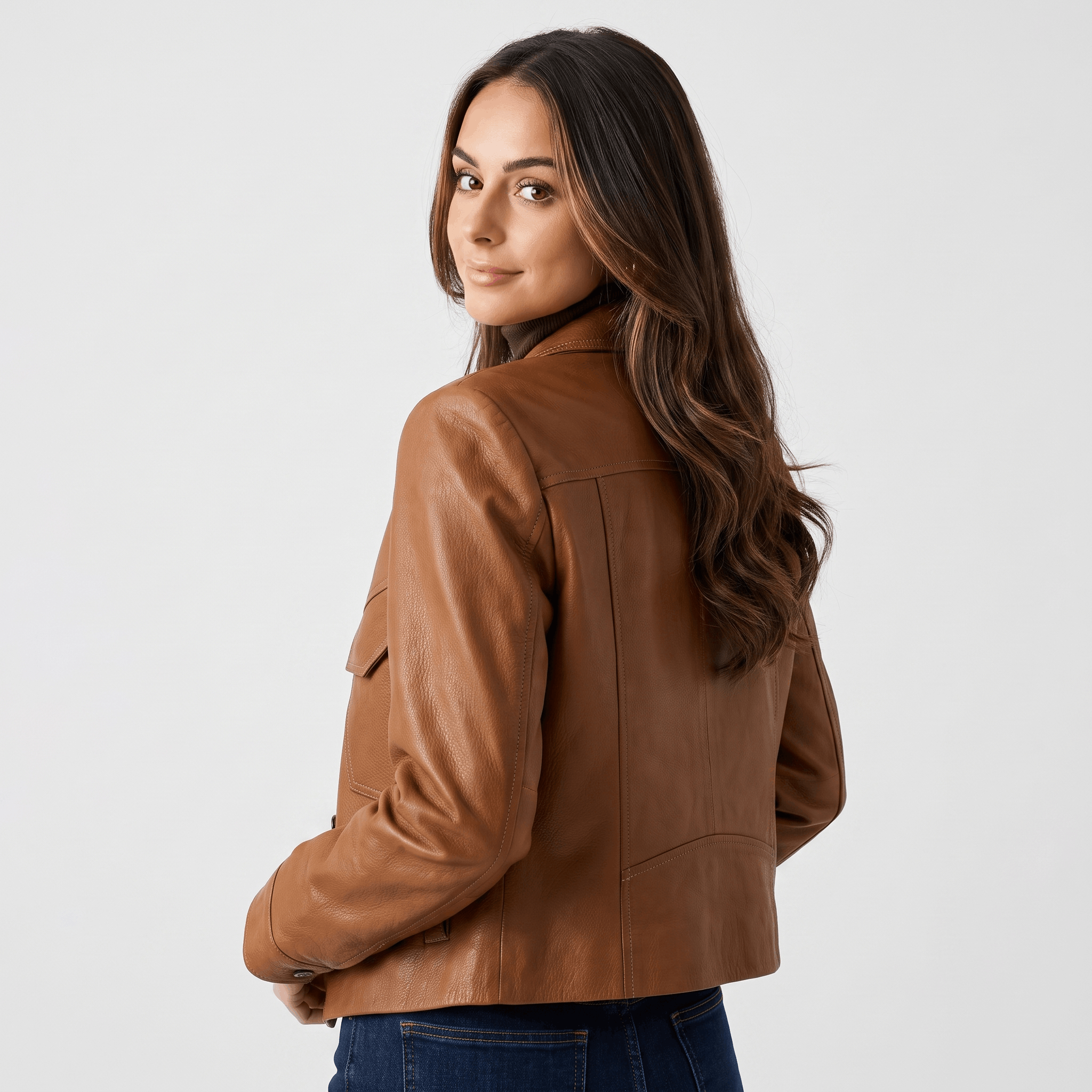 Back view of a women's brown faux leather jacket with a cropped fit, structured seams, and classic collar.