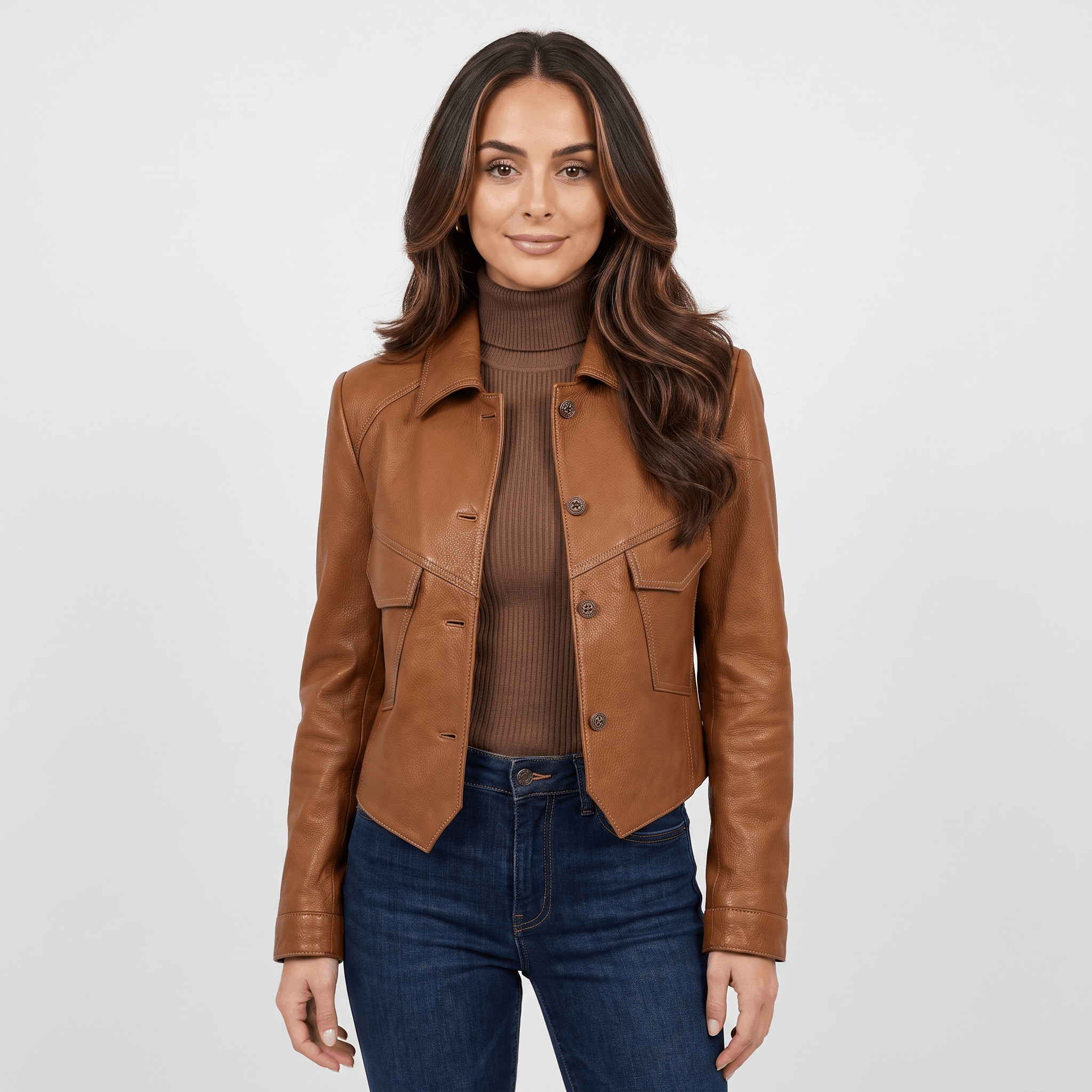 Woman wearing a brown faux leather jacket with a button-front closure, flap chest pockets, pointed collar, and cropped fit over a brown turtleneck sweater and blue jeans.