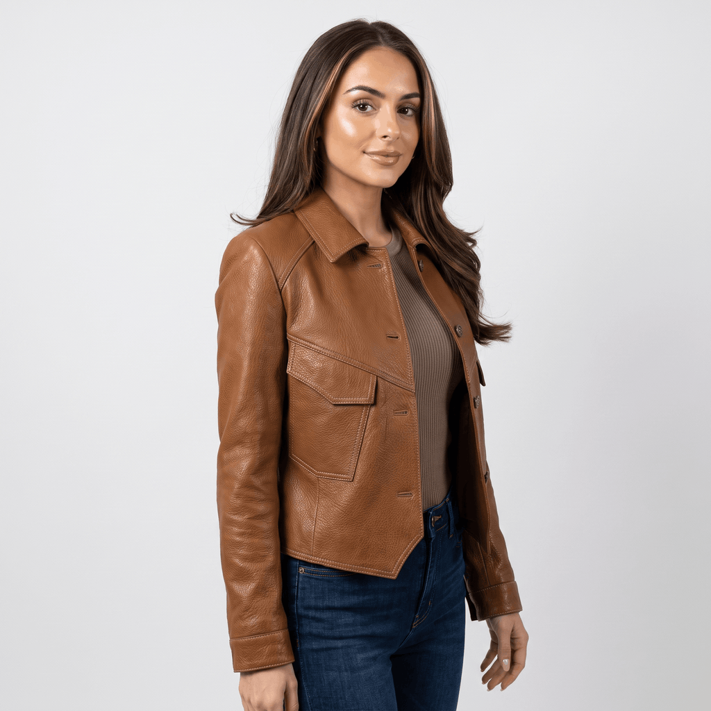 Side view of a woman wearing a brown faux leather jacket featuring a cropped silhouette, button-front closure, and flap chest pockets.