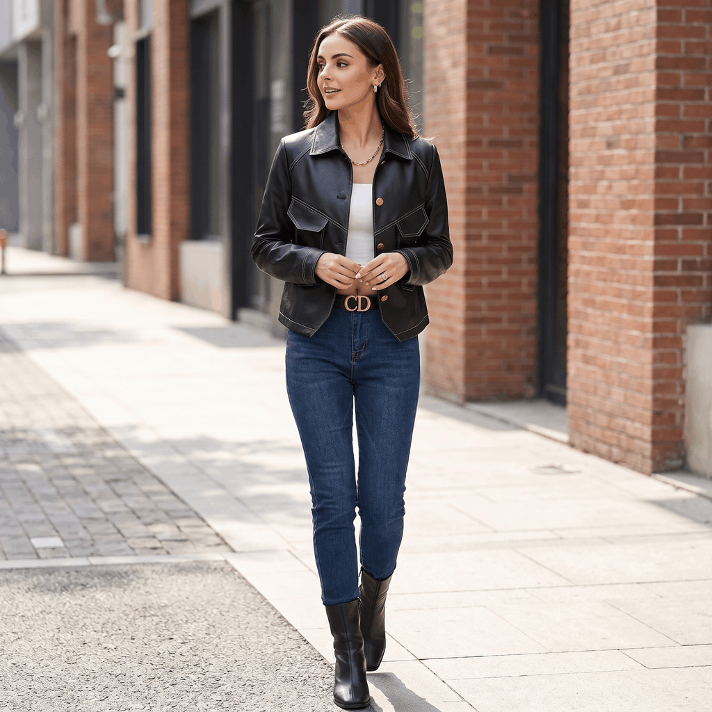 Woman wearing a black faux leather jacket over a white top and blue jeans while walking along a city street.