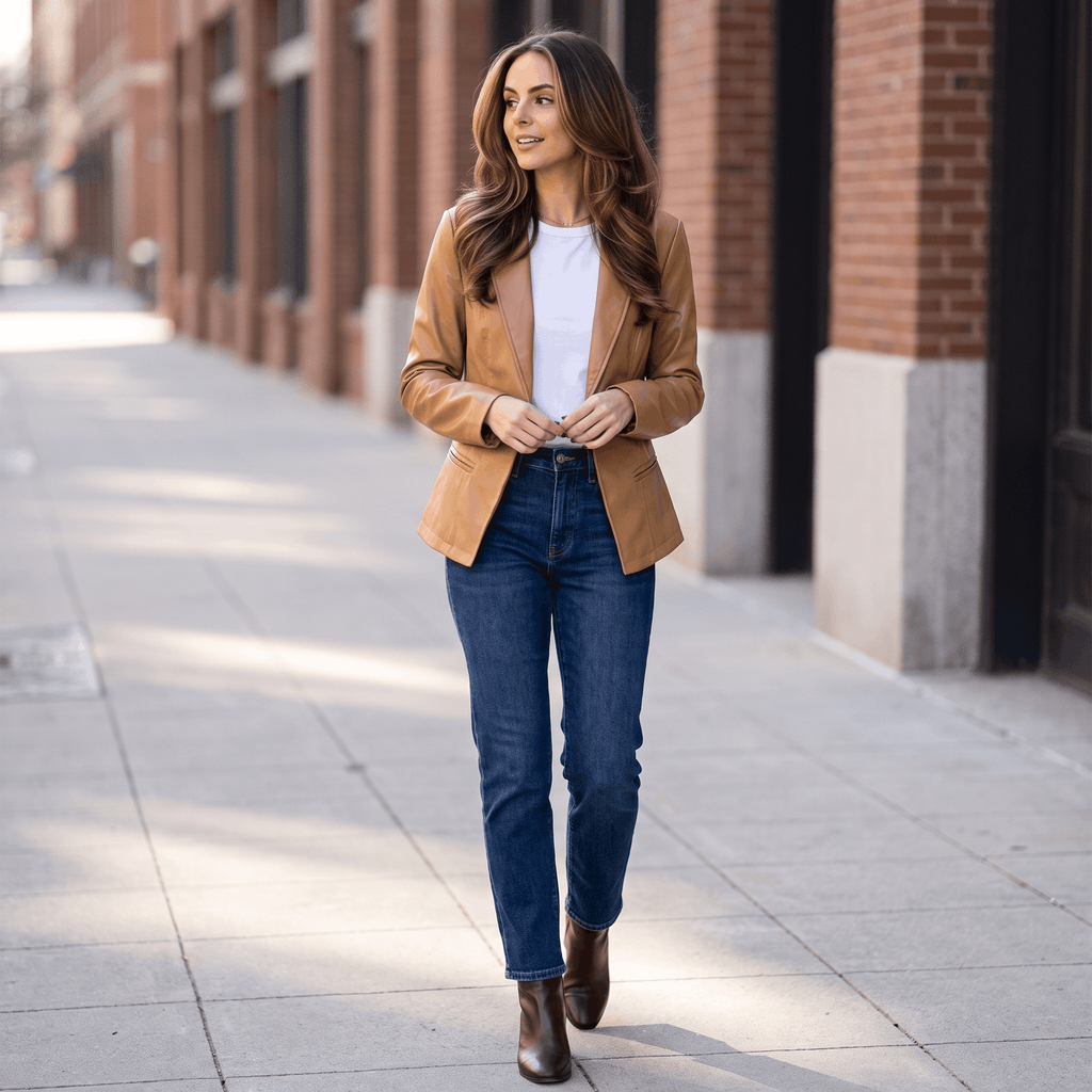 Woman wearing a camel faux leather blazer over a white top and blue jeans while walking along a city street.