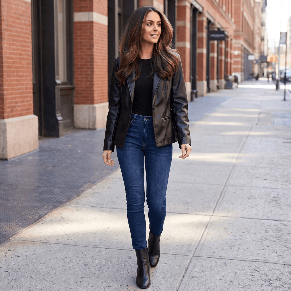 Woman wearing a black faux leather blazer paired with blue jeans while walking in an urban setting.