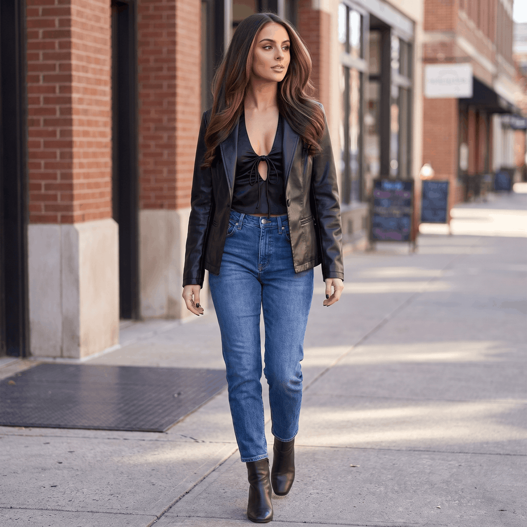 Woman wearing a black faux leather blazer with a fitted silhouette, blue jeans, and ankle boots on a city sidewalk.