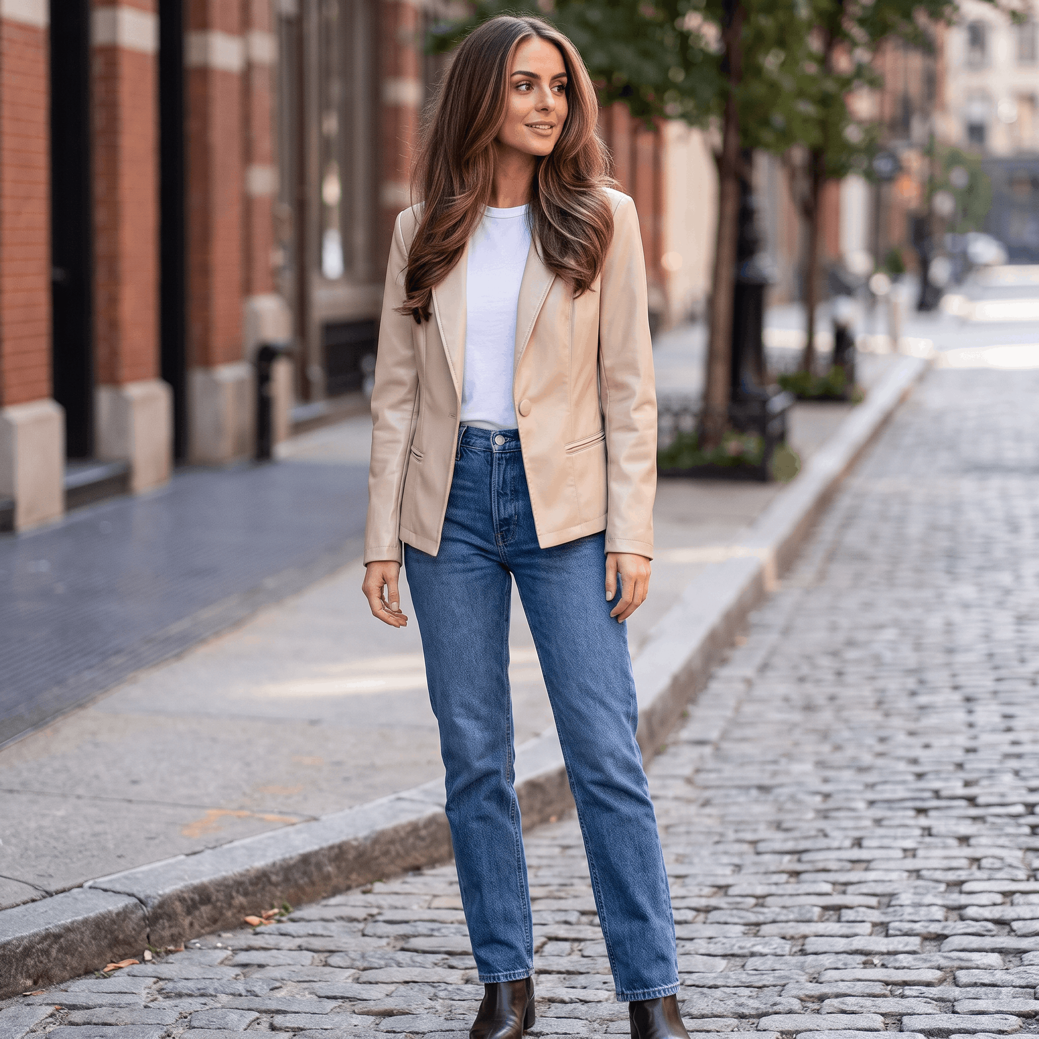 Woman wearing a beige faux leather blazer over a white top and blue jeans while walking through an urban street.