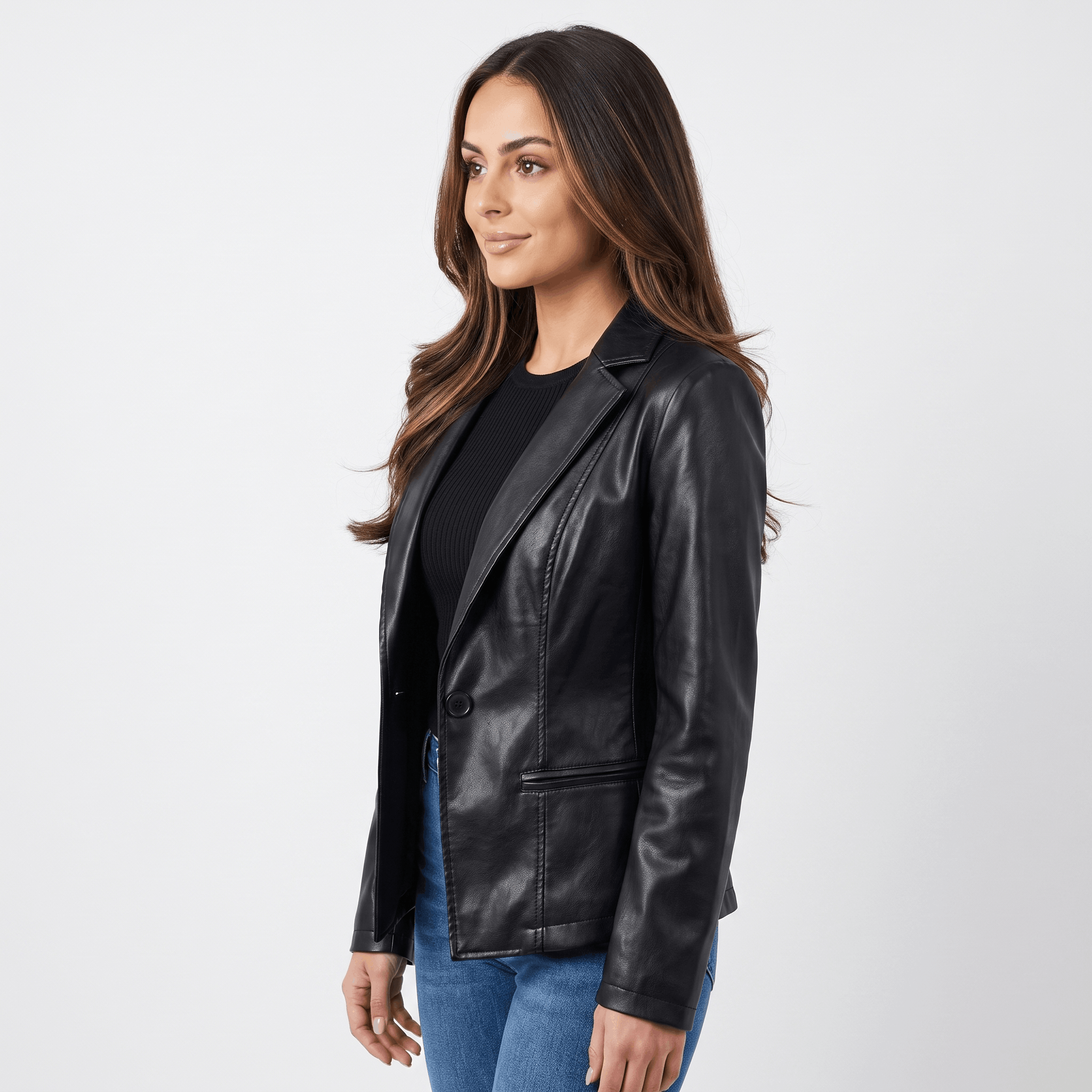 Back view of a women's black faux leather blazer with a tailored fit and classic blazer construction.