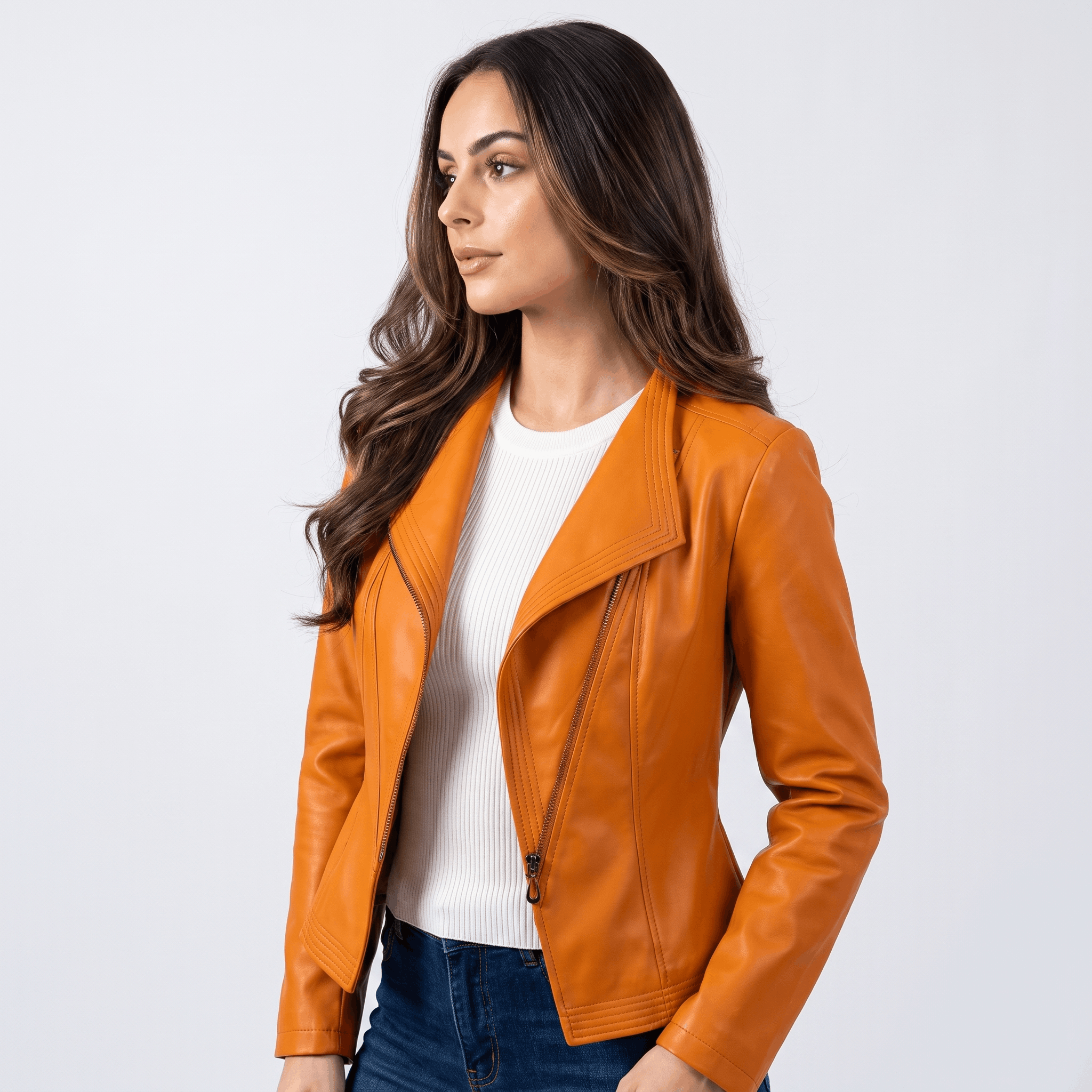Side view of a woman wearing an orange leather moto jacket featuring a cropped fit and classic moto styling.