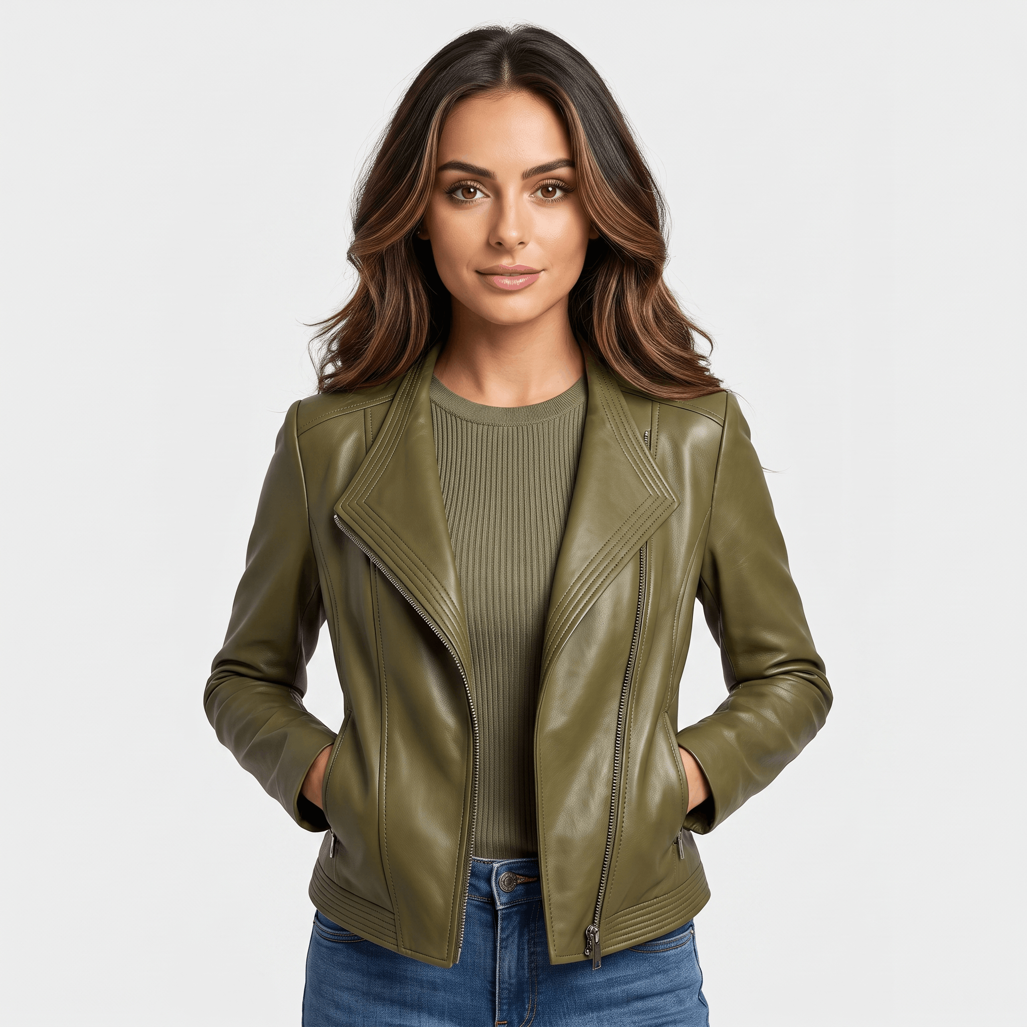Woman wearing an olive green leather moto jacket with an asymmetrical zipper, notched lapel, and fitted silhouette.