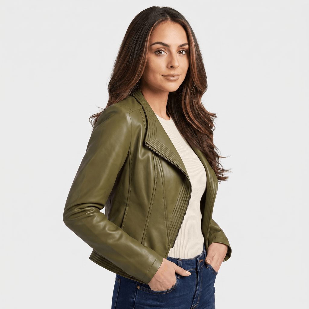 Side view of a woman wearing an olive green leather moto jacket with a tailored fit and asymmetrical zip closure.