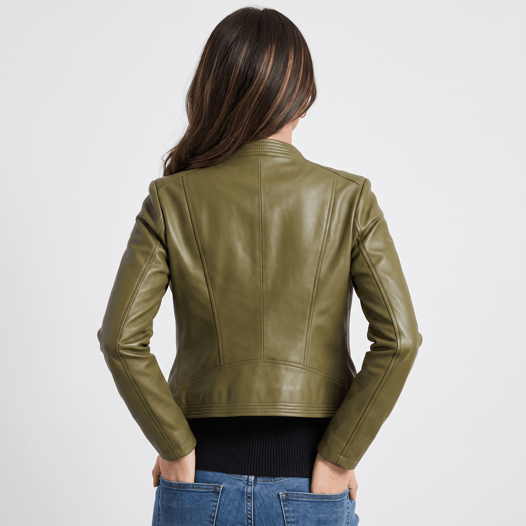 Back view of a women's olive green leather moto jacket with a cropped silhouette and smooth faux leather finish.