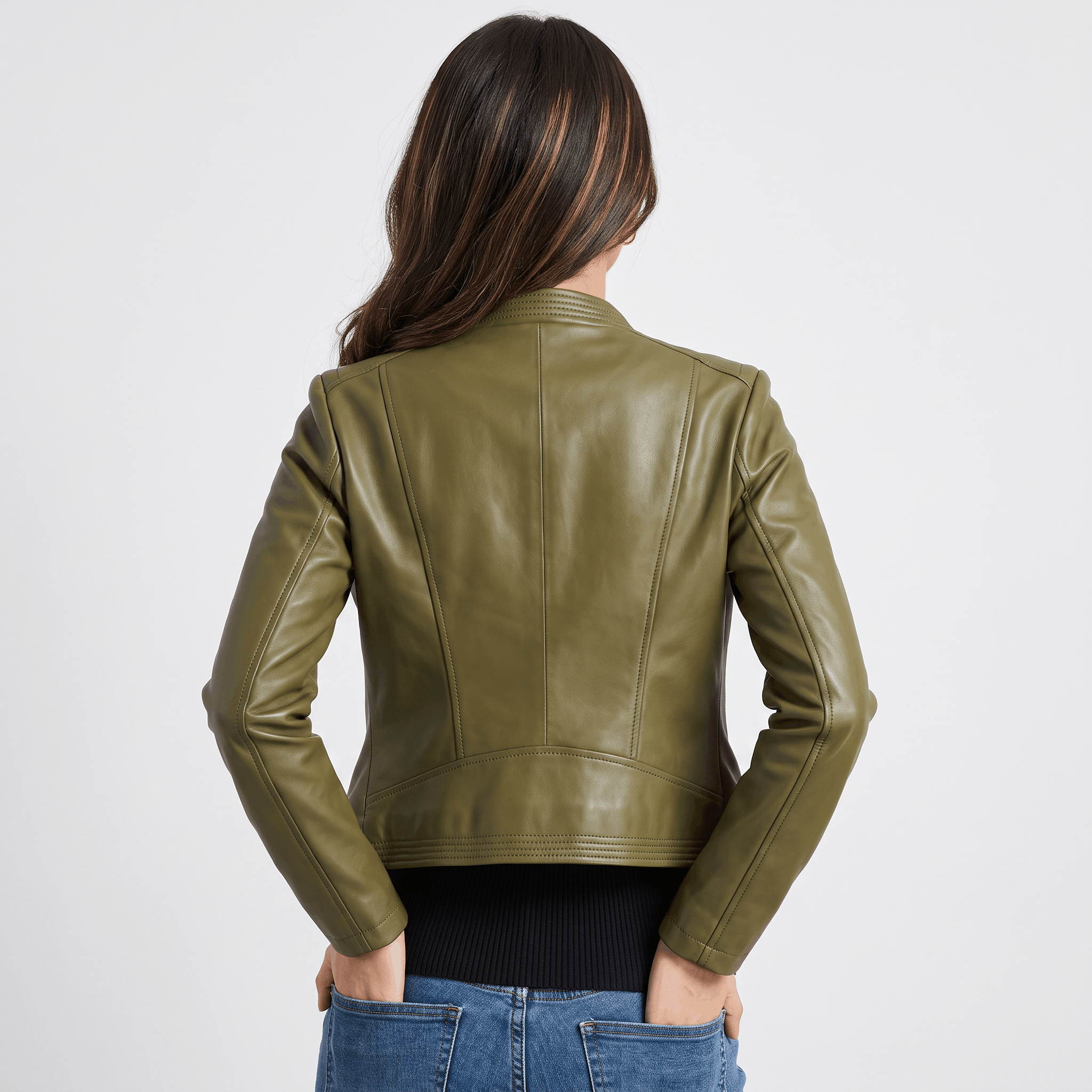 Back view of a women's olive green leather moto jacket with a cropped silhouette and smooth faux leather finish.
