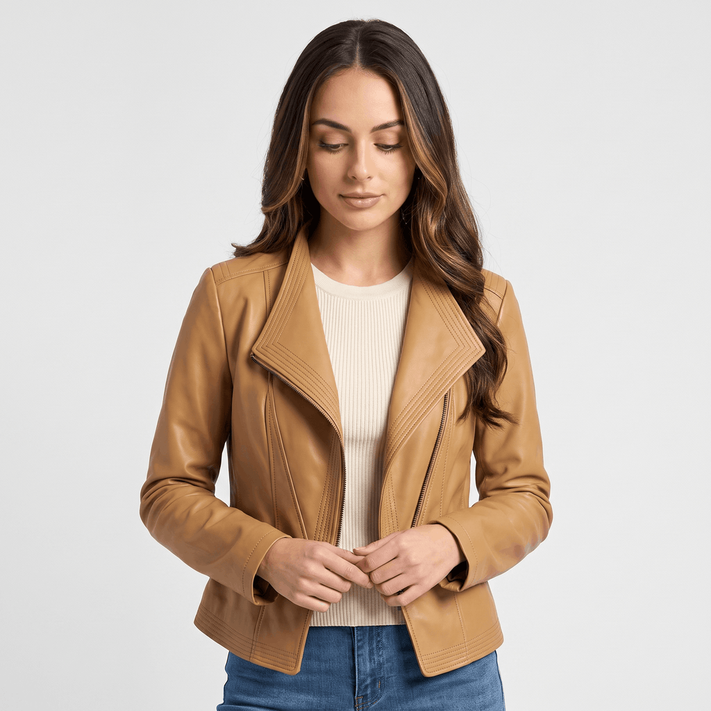 Woman wearing a camel leather moto jacket featuring an asymmetrical zip closure, notched lapel, and fitted silhouette over a beige top.