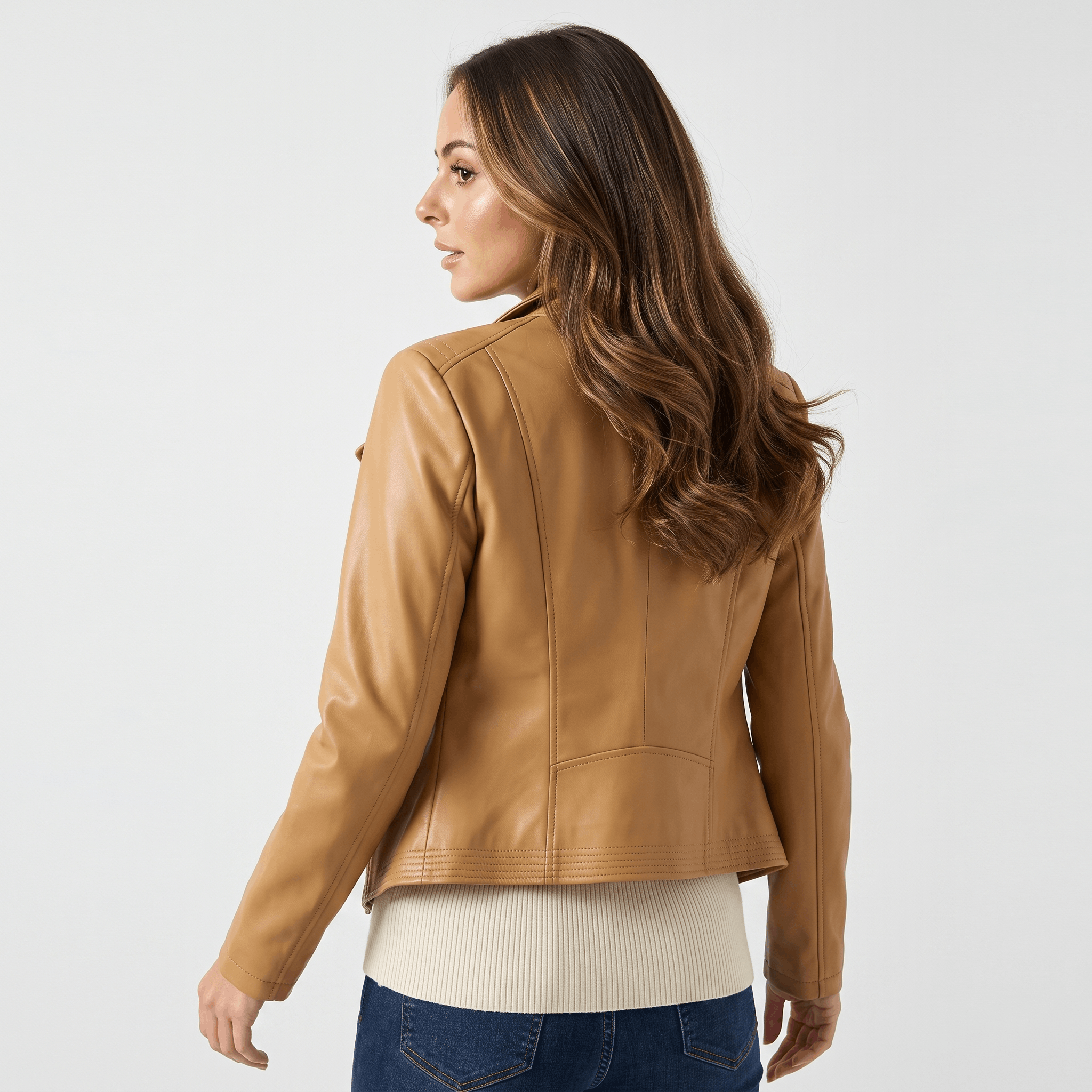 Back view of a women's camel leather moto jacket featuring a smooth faux leather finish and fitted design.