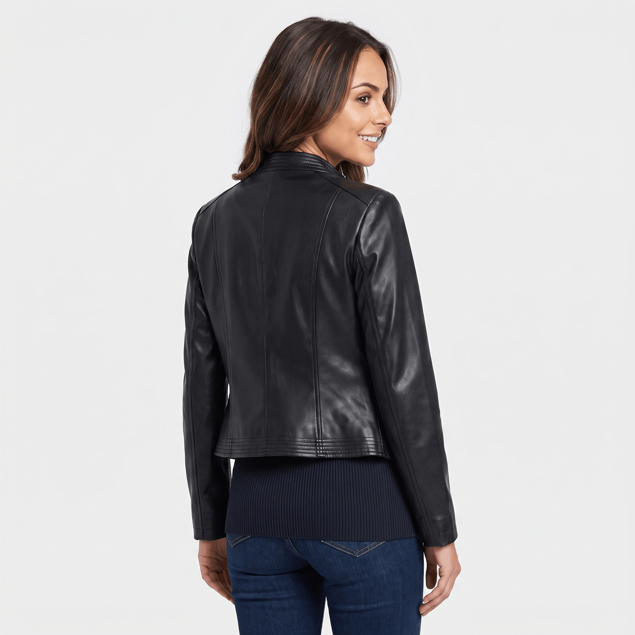 Back view of a women's black leather moto jacket with a cropped silhouette and classic moto styling.
