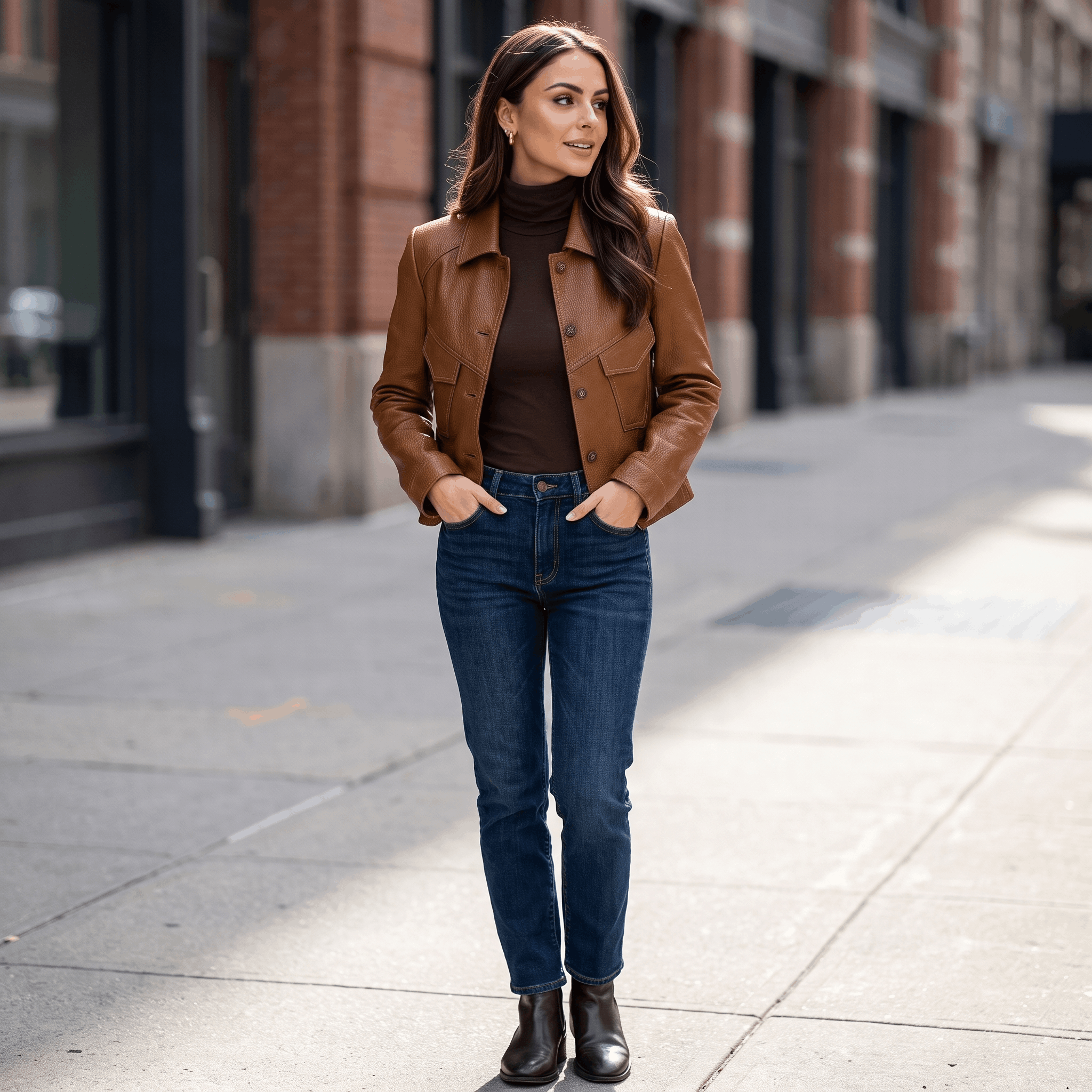 Woman wearing a brown faux leather jacket paired with a brown turtleneck sweater, blue jeans, and ankle boots while walking in an urban setting.