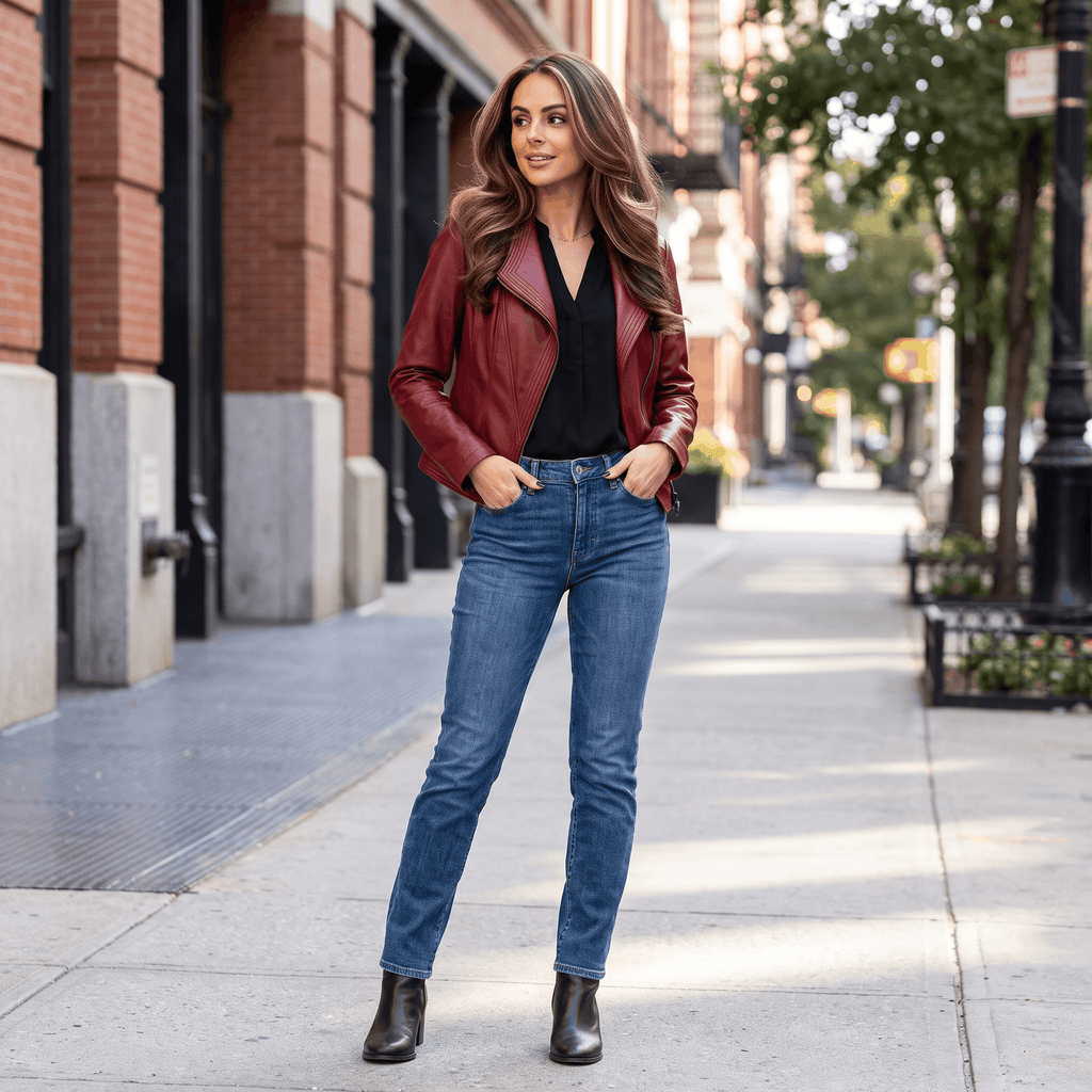 Woman wearing a burgundy leather moto jacket over a beige top and blue jeans while walking along a city street.