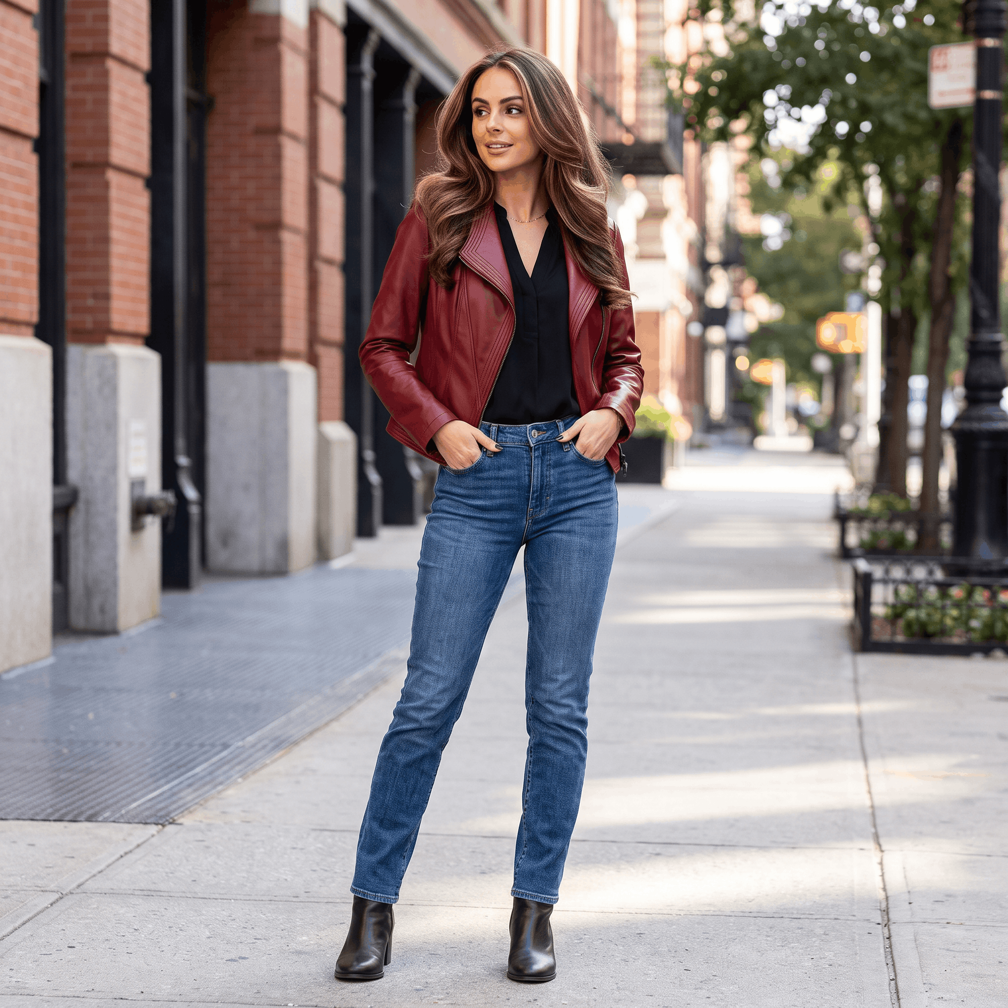 Woman wearing a burgundy leather moto jacket over a beige top and blue jeans while walking along a city street.