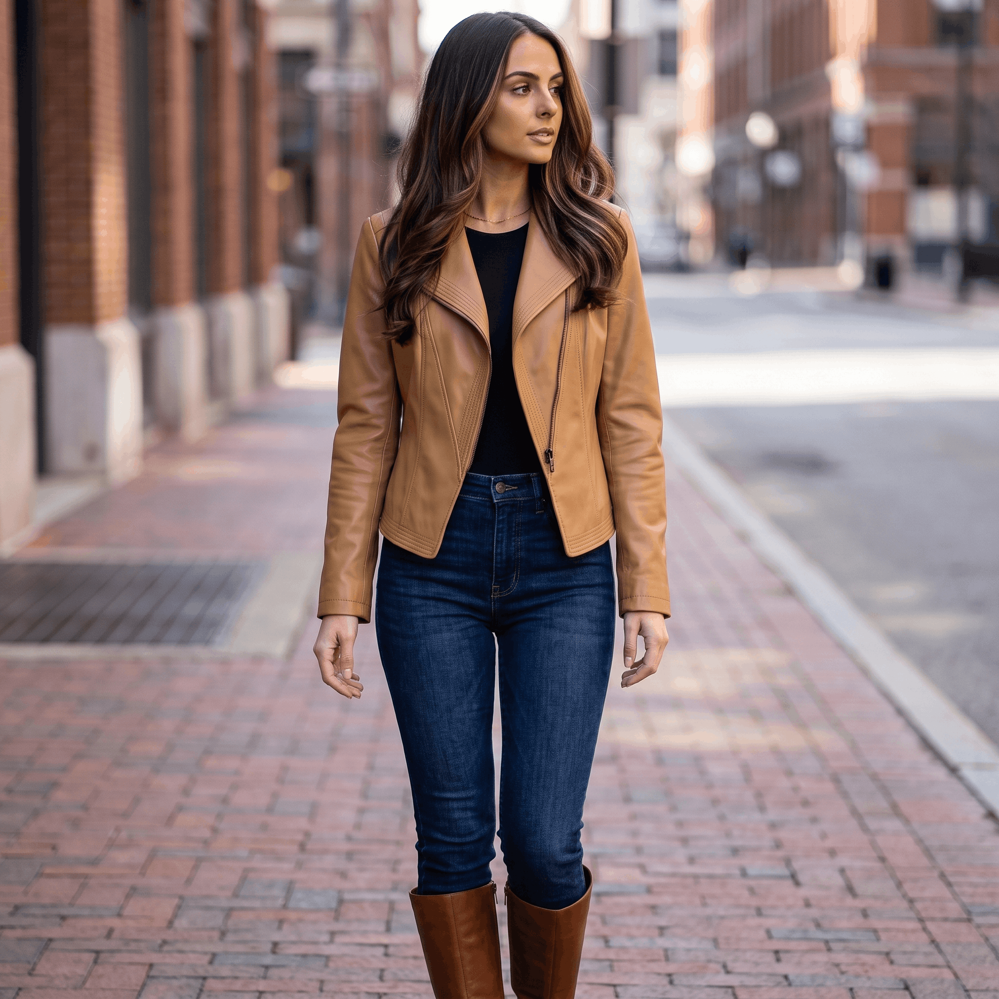 Woman wearing a camel leather moto jacket paired with blue jeans and knee-high brown boots while walking through an urban setting.