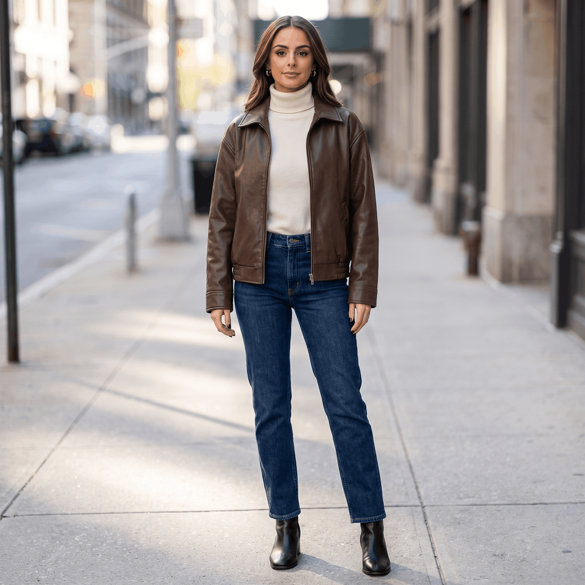 Woman wearing a brown faux leather jacket over a cream top, dark jeans, and ankle boots while walking along a city street.
