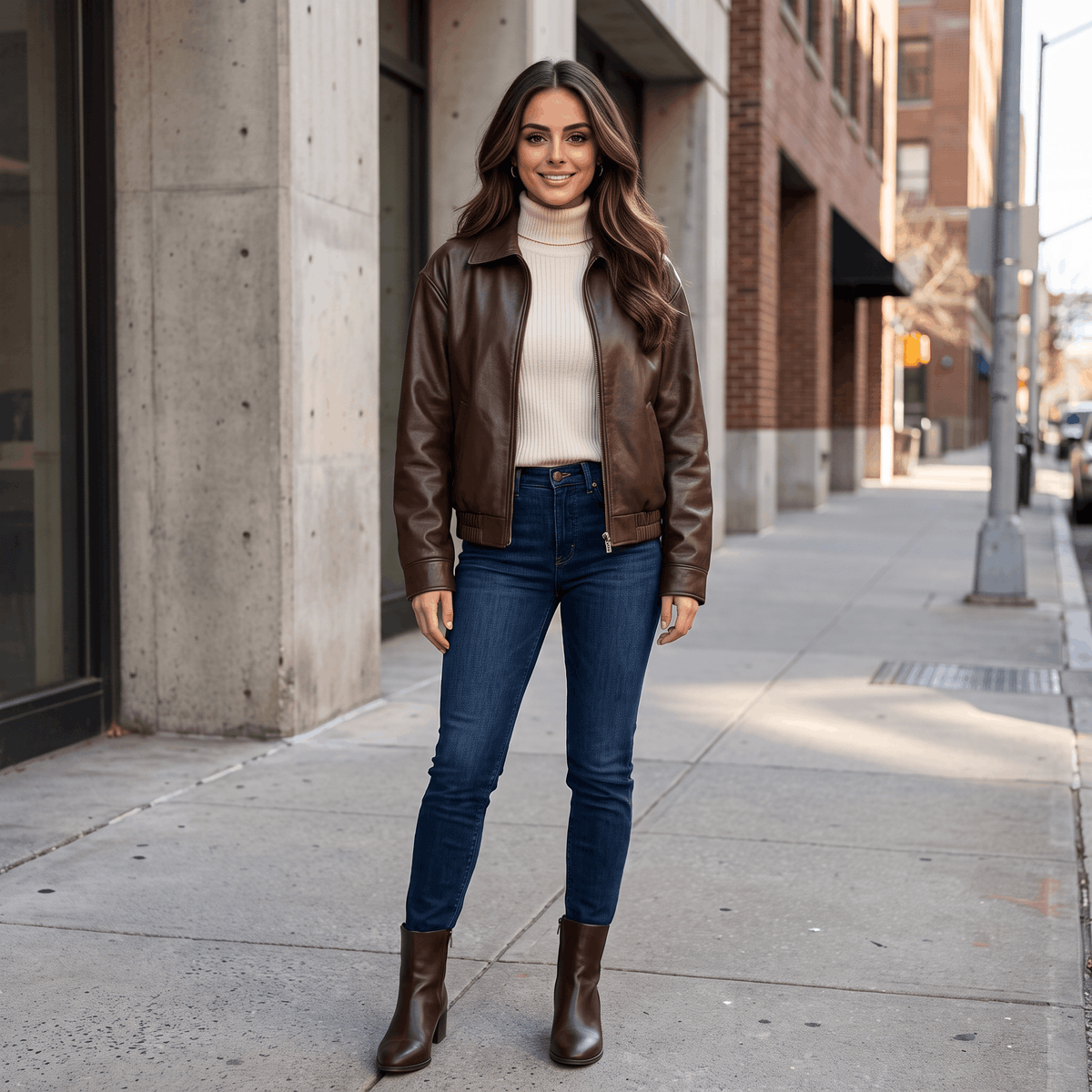 Woman wearing a brown faux leather jacket with a cream top, dark jeans, and ankle boots while walking on a city sidewalk.