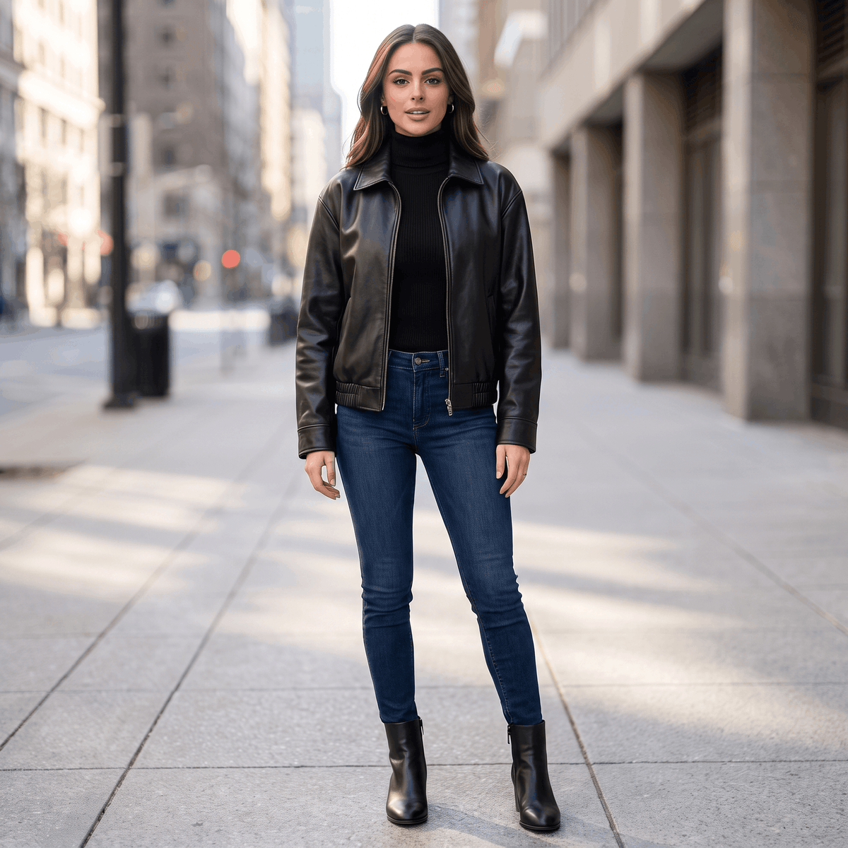 Woman wearing a black faux leather jacket paired with dark jeans and ankle boots while walking through an urban setting.
