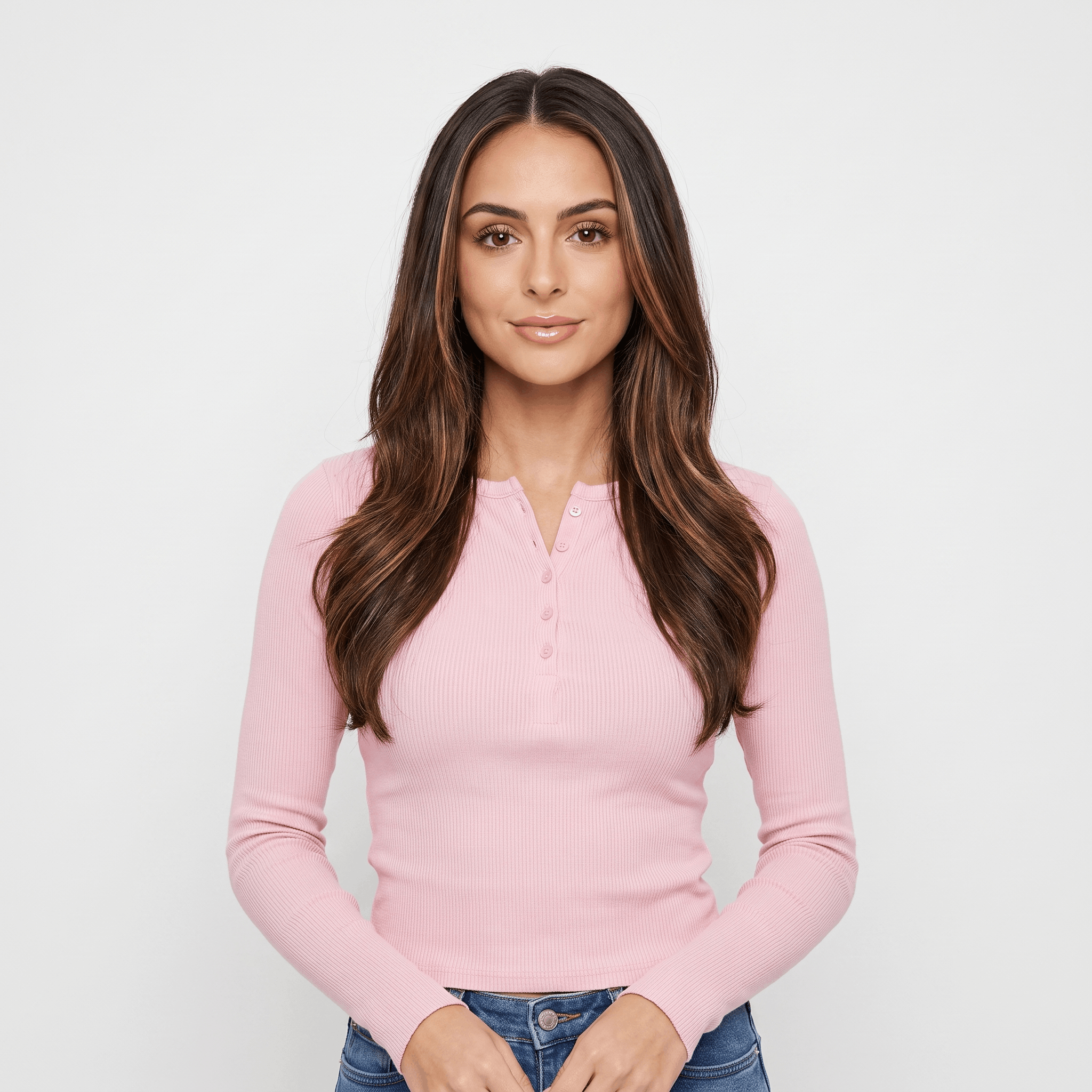Woman wearing a pink ribbed henley top with a button neckline, long sleeves, and fitted silhouette.