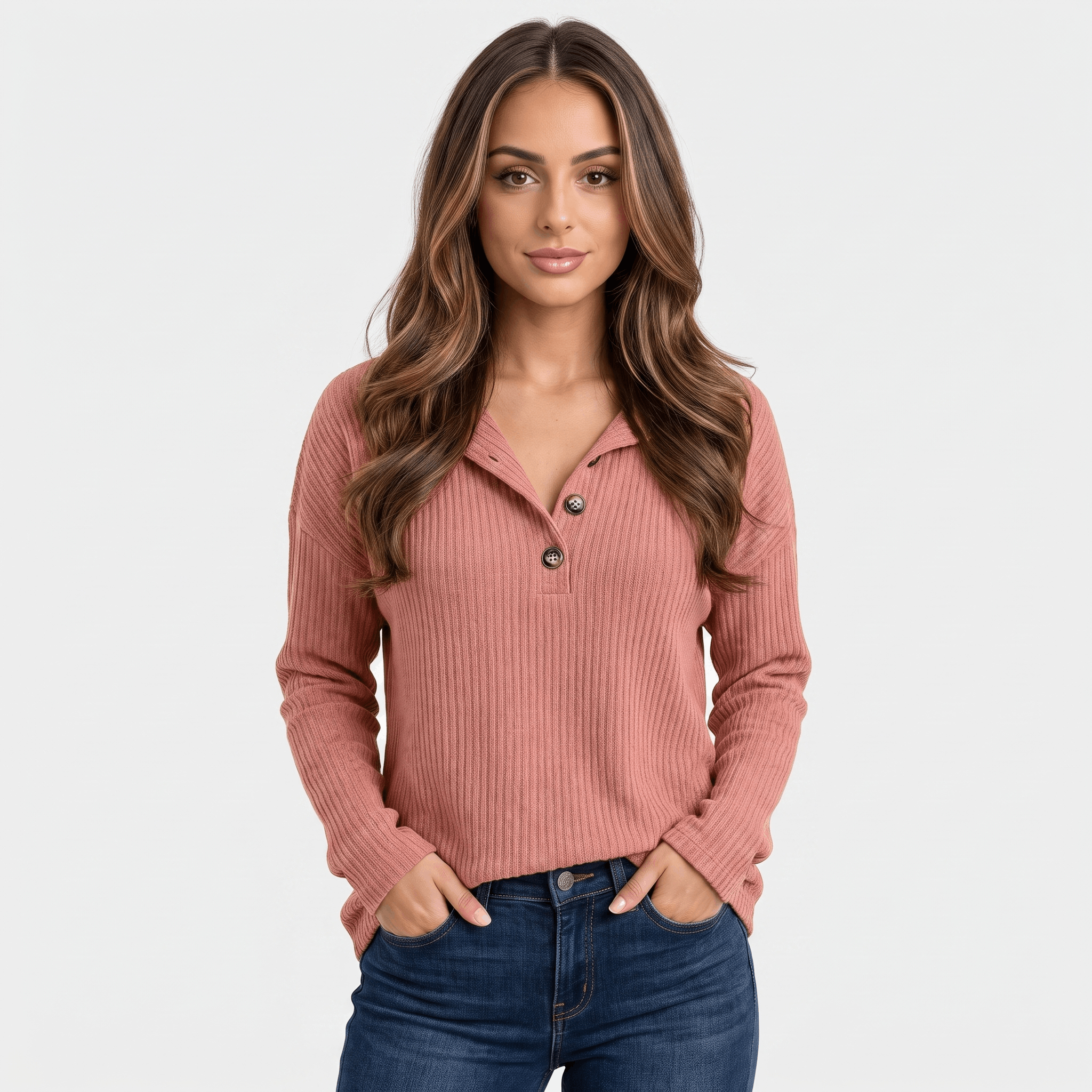 Woman wearing a dusty rose ribbed henley sweater with a button neckline, long sleeves, and fitted silhouette with blue jeans.