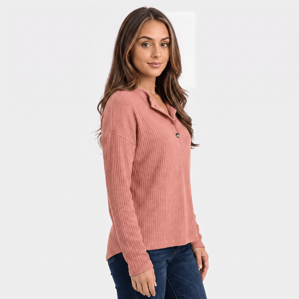 Giselle Ribbed Knit Henley Sweater – Relaxed V-Neck Button-Placket Pullover