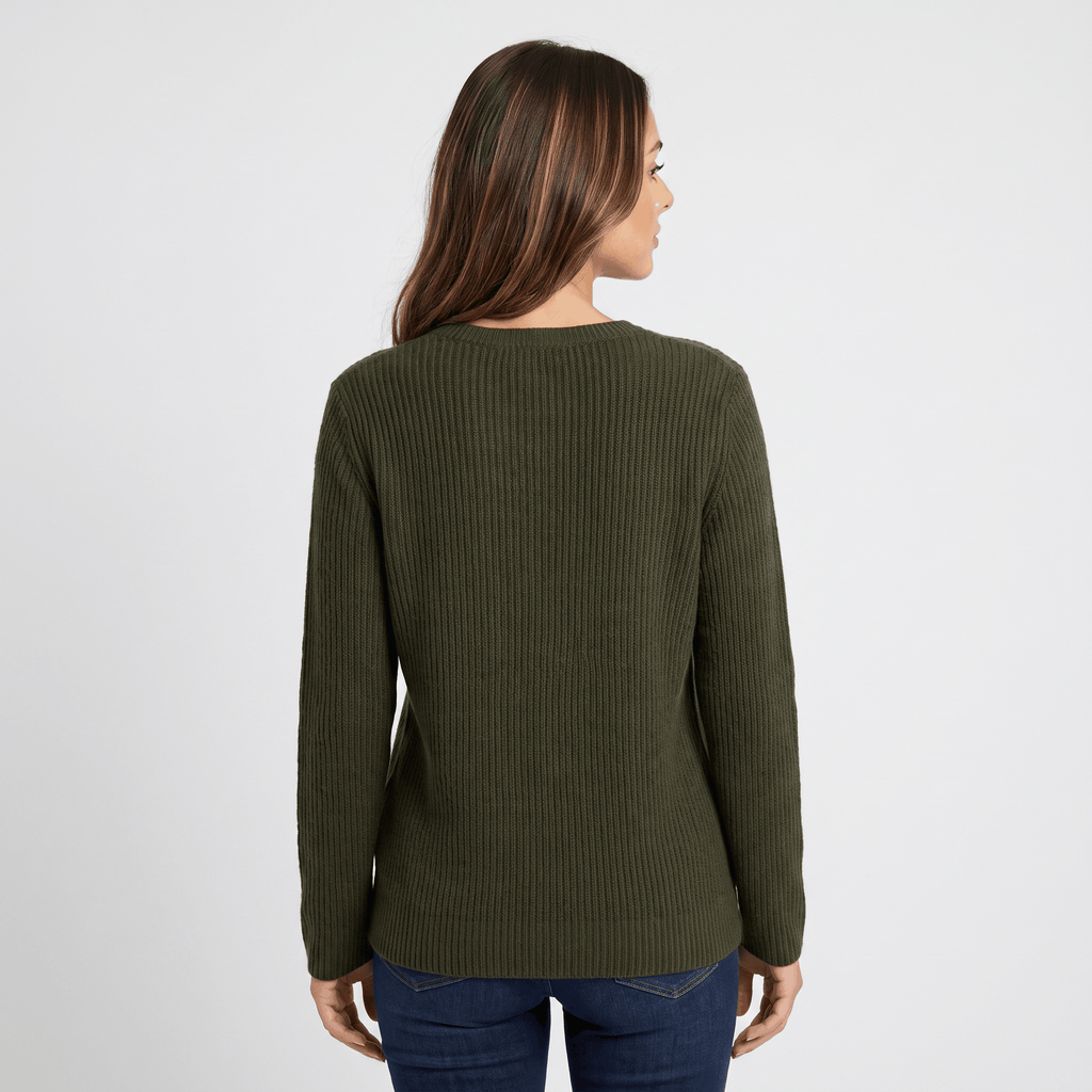 Back view of a woman wearing an olive green ribbed henley sweater with a textured knit finish and long sleeves.