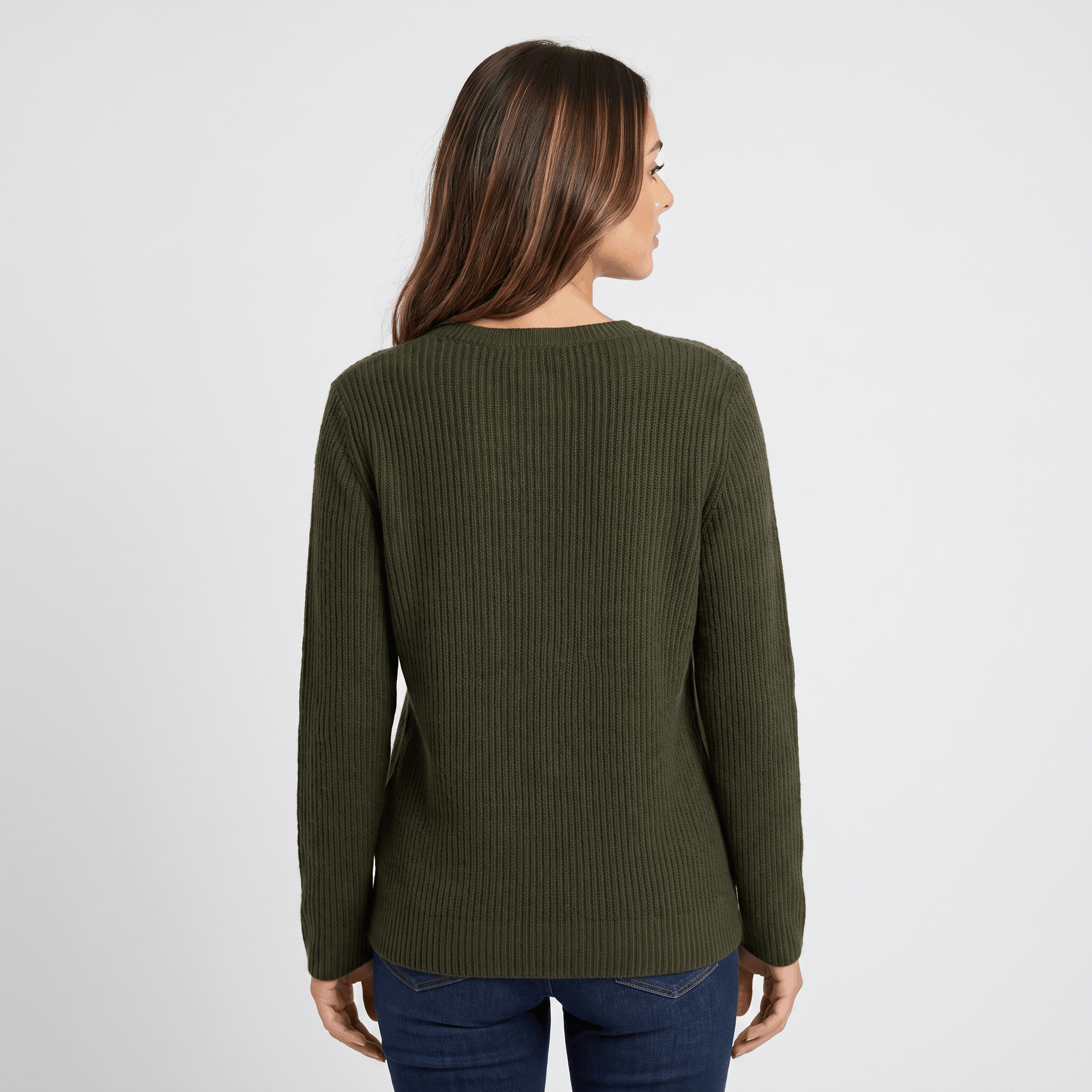 Back view of a woman wearing an olive green ribbed henley sweater with a textured knit finish and long sleeves.