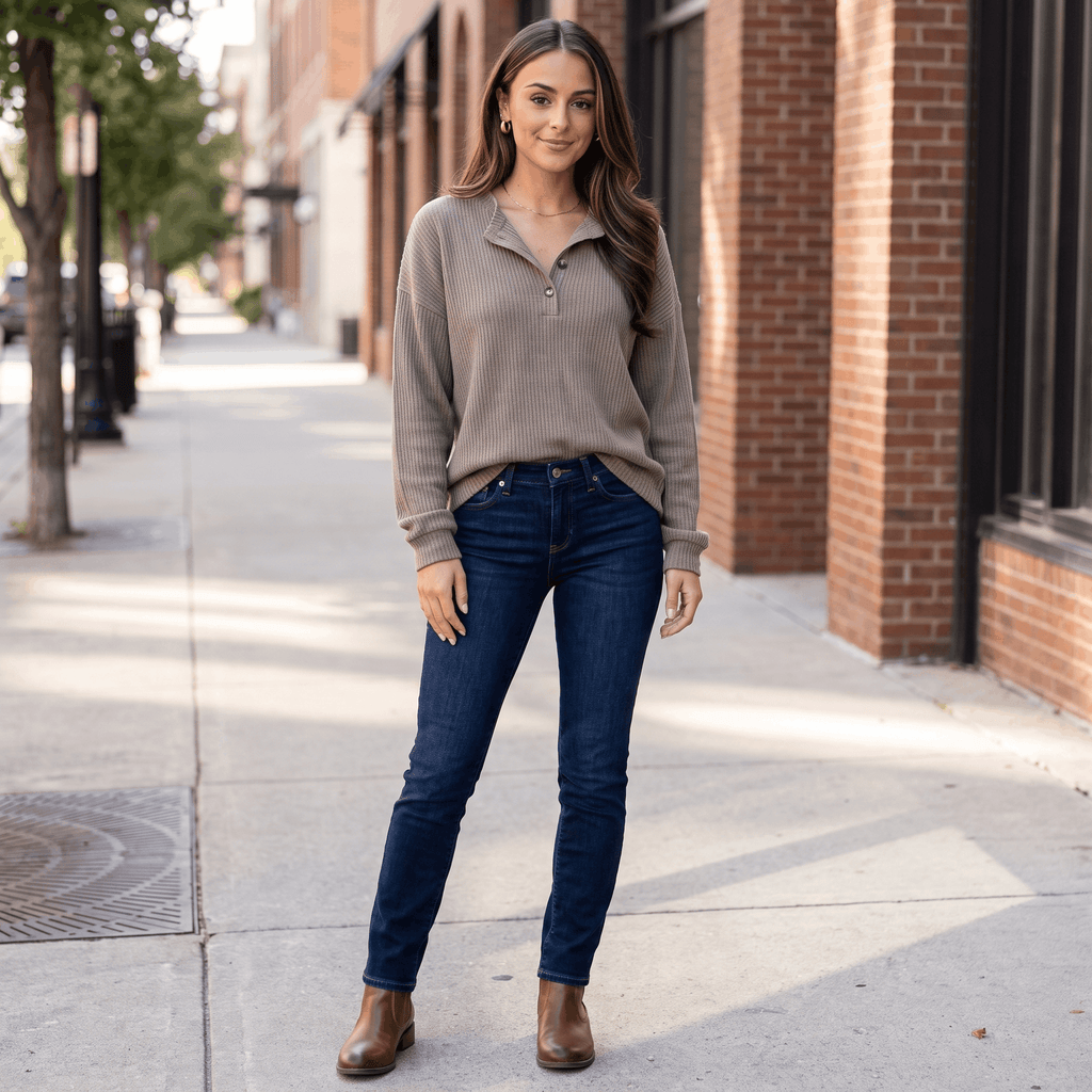 Woman wearing a taupe ribbed henley sweater with blue jeans while walking along a city street.