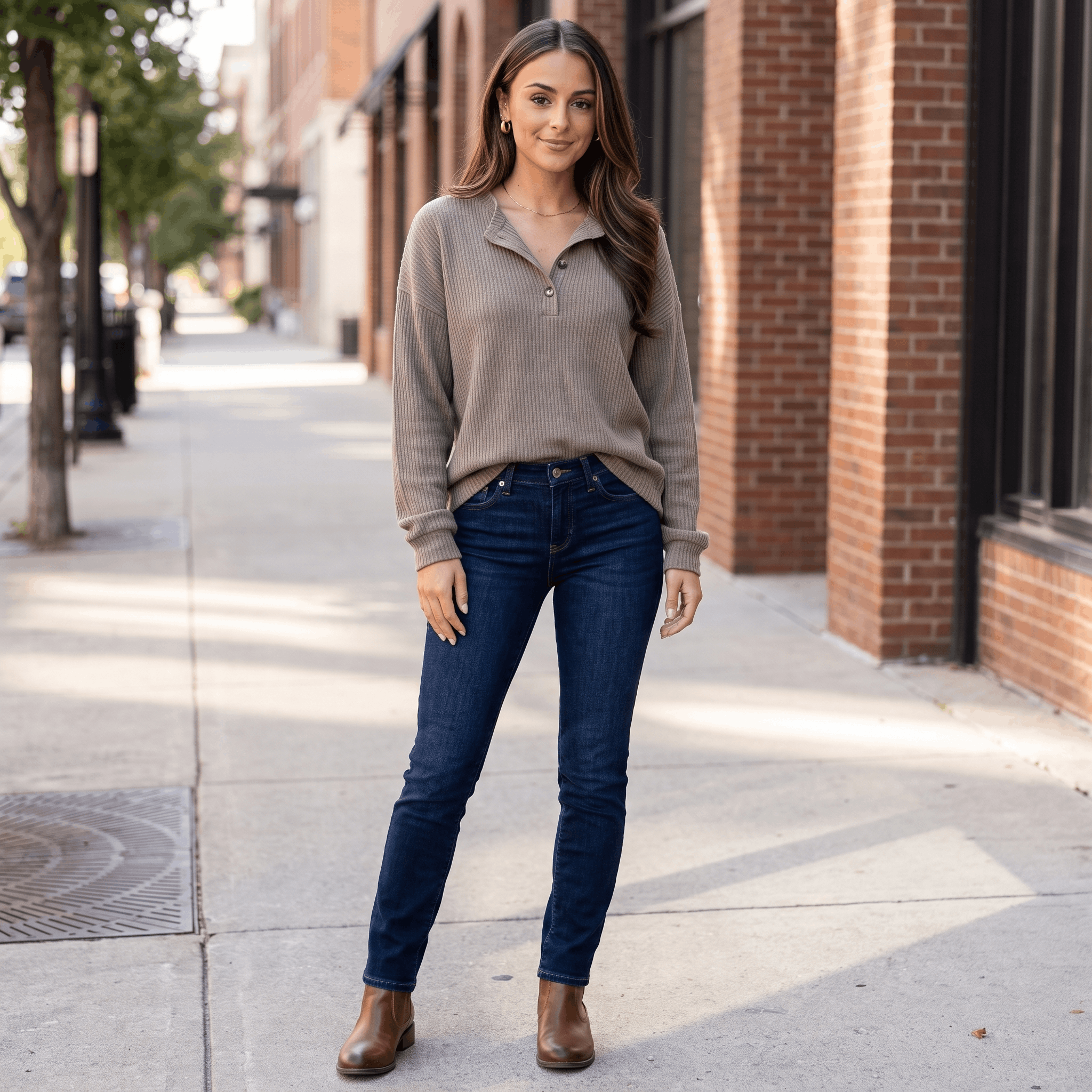Woman wearing a taupe ribbed henley sweater with blue jeans while walking along a city street.