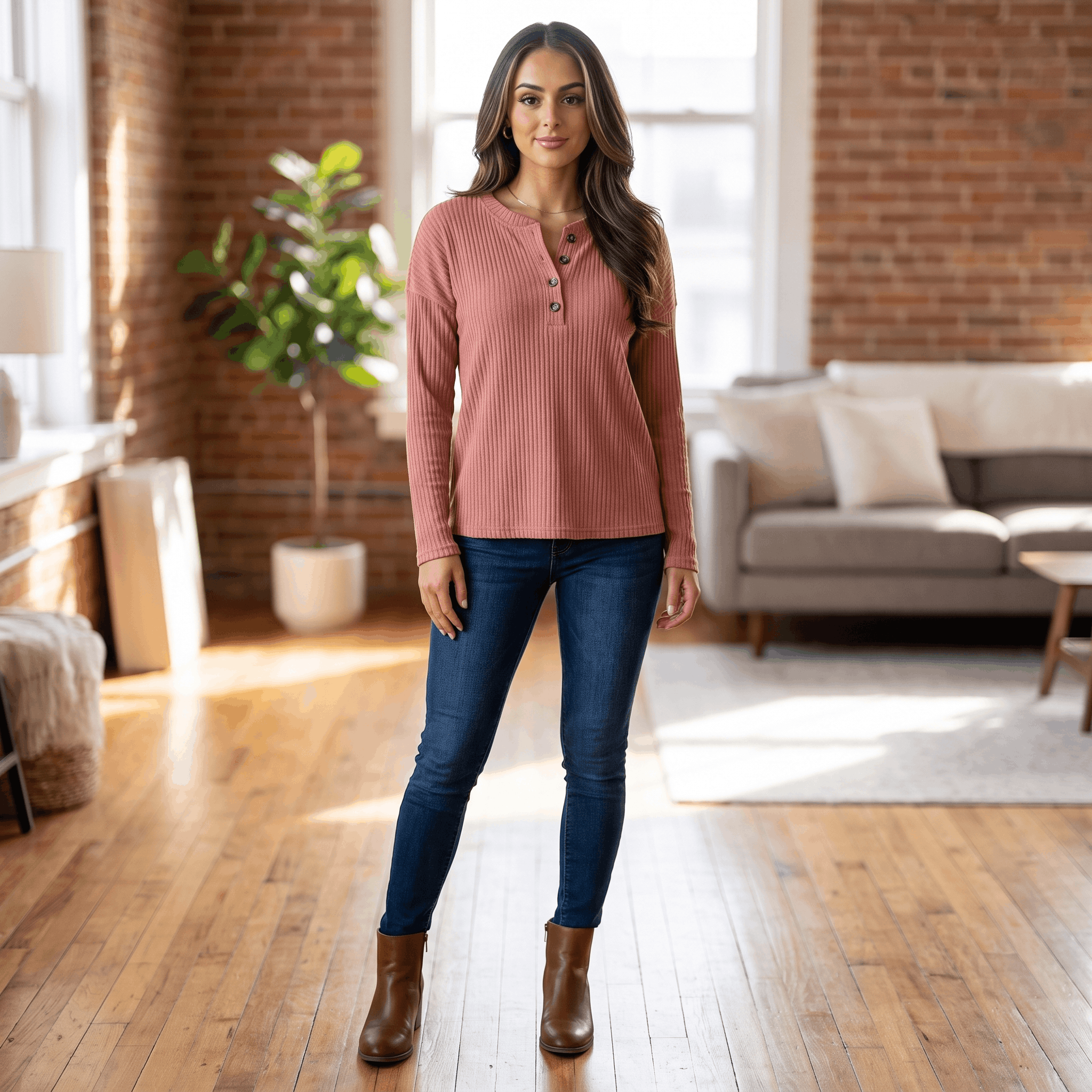 Woman wearing a dusty rose ribbed henley sweater with blue jeans in a casual indoor setting.
