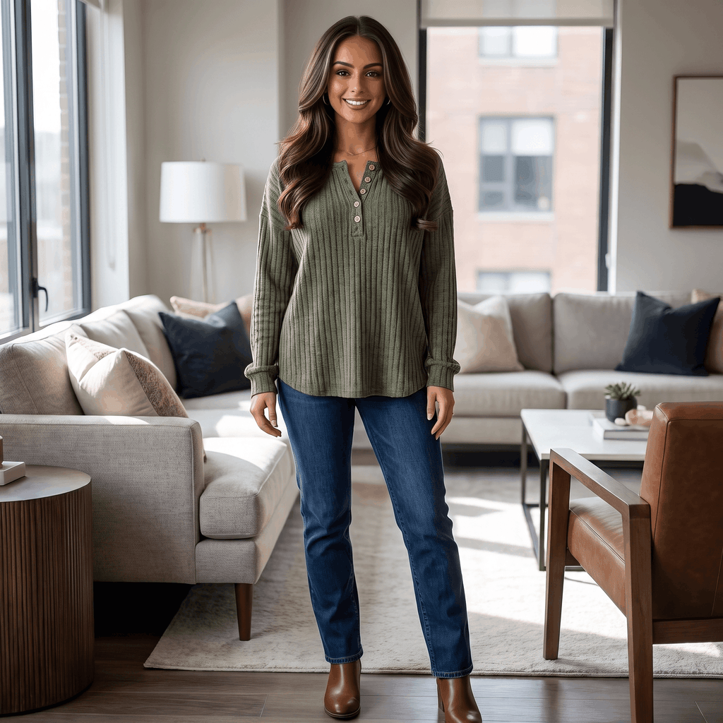 Woman wearing an olive green textured henley sweater with blue jeans in a casual indoor setting.