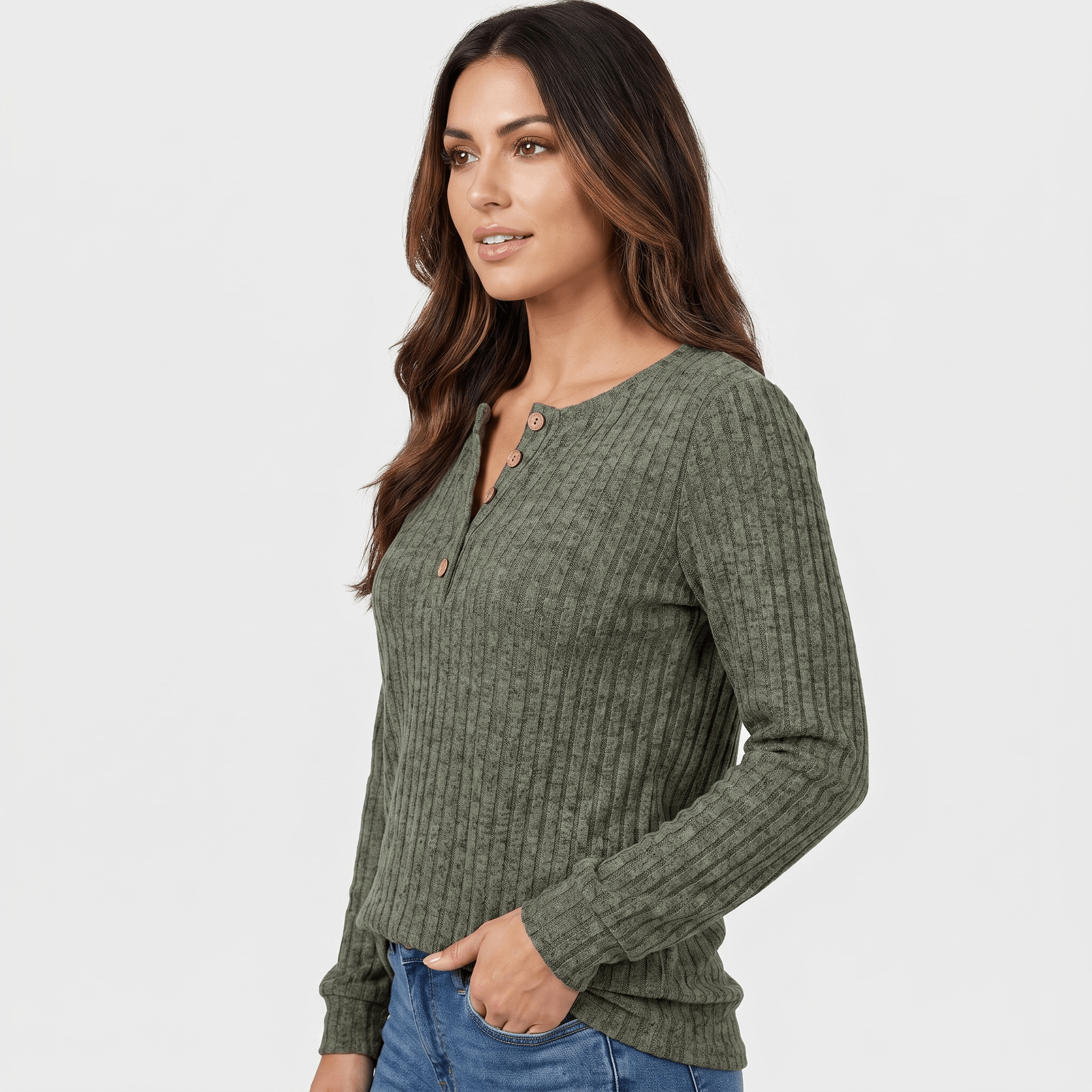 Side view of a woman wearing an olive green textured henley sweater with a button neckline and long sleeves.