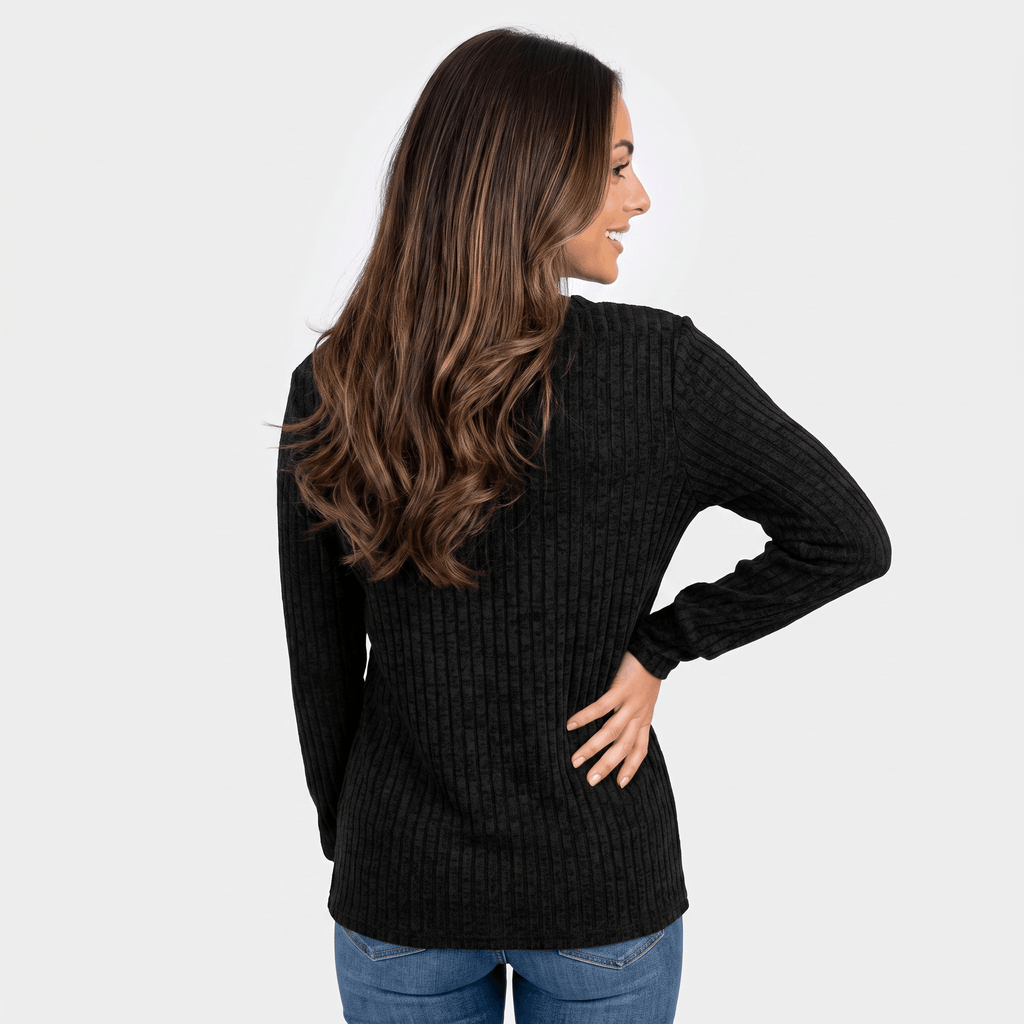 Back view of a woman wearing a black textured henley sweater with a relaxed fit and long sleeves.
