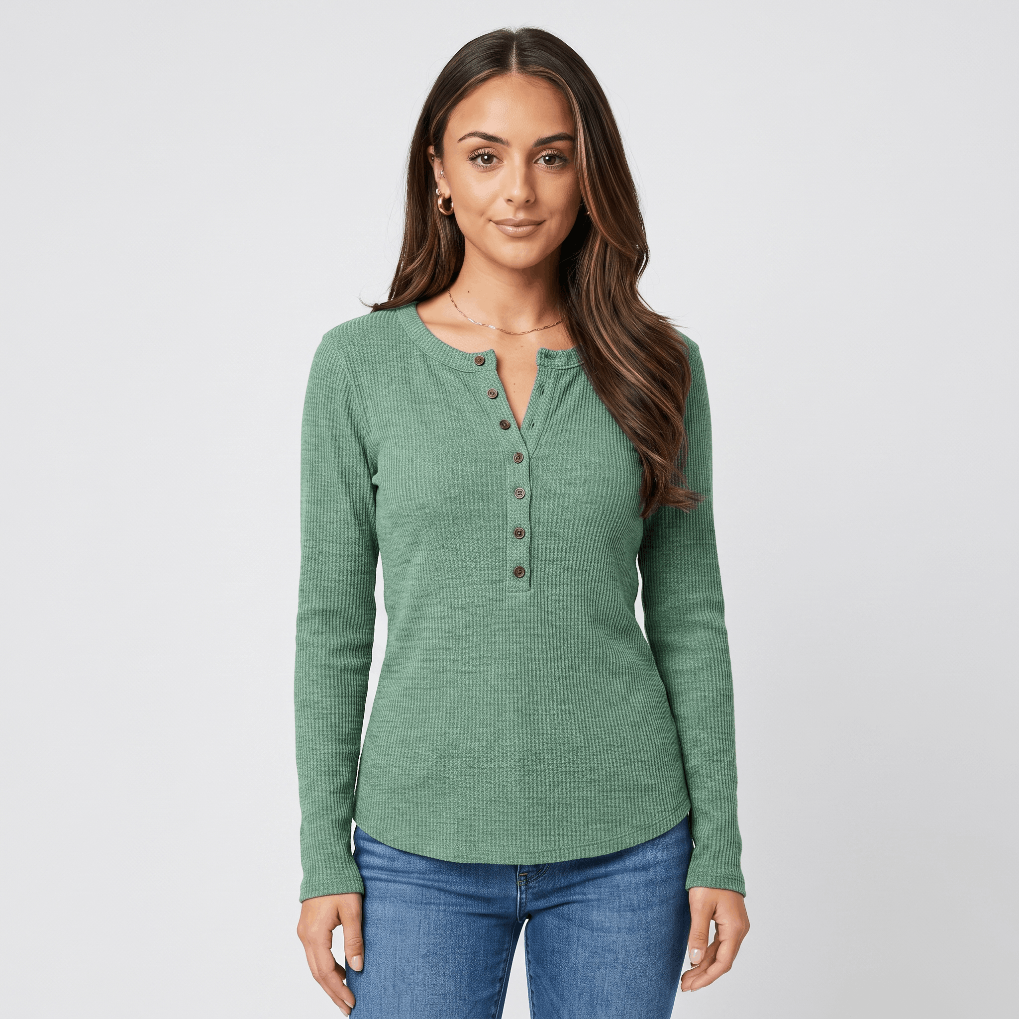 Clarisse Cotton Blend Henley Top – Boho Button-Up Long-Sleeve V-Neck Shirt