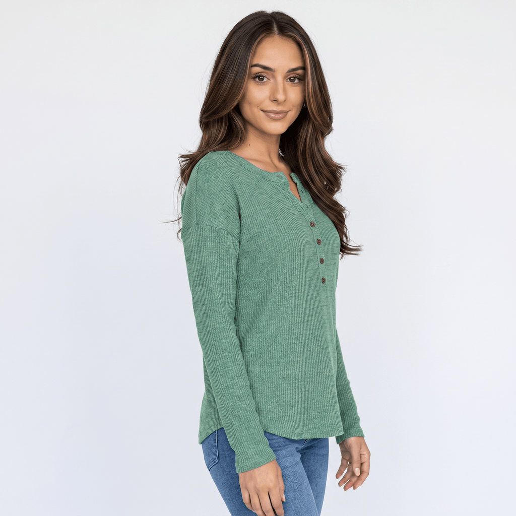 Clarisse Cotton Blend Henley Top – Boho Button-Up Long-Sleeve V-Neck Shirt