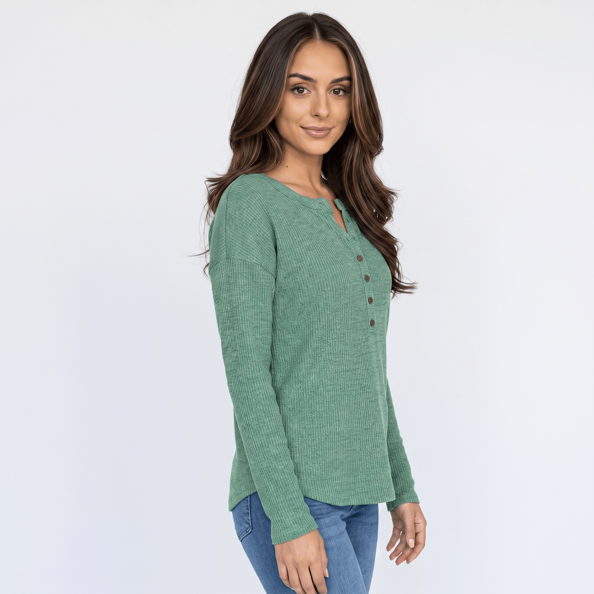 Clarisse Cotton Blend Henley Top – Boho Button-Up Long-Sleeve V-Neck Shirt