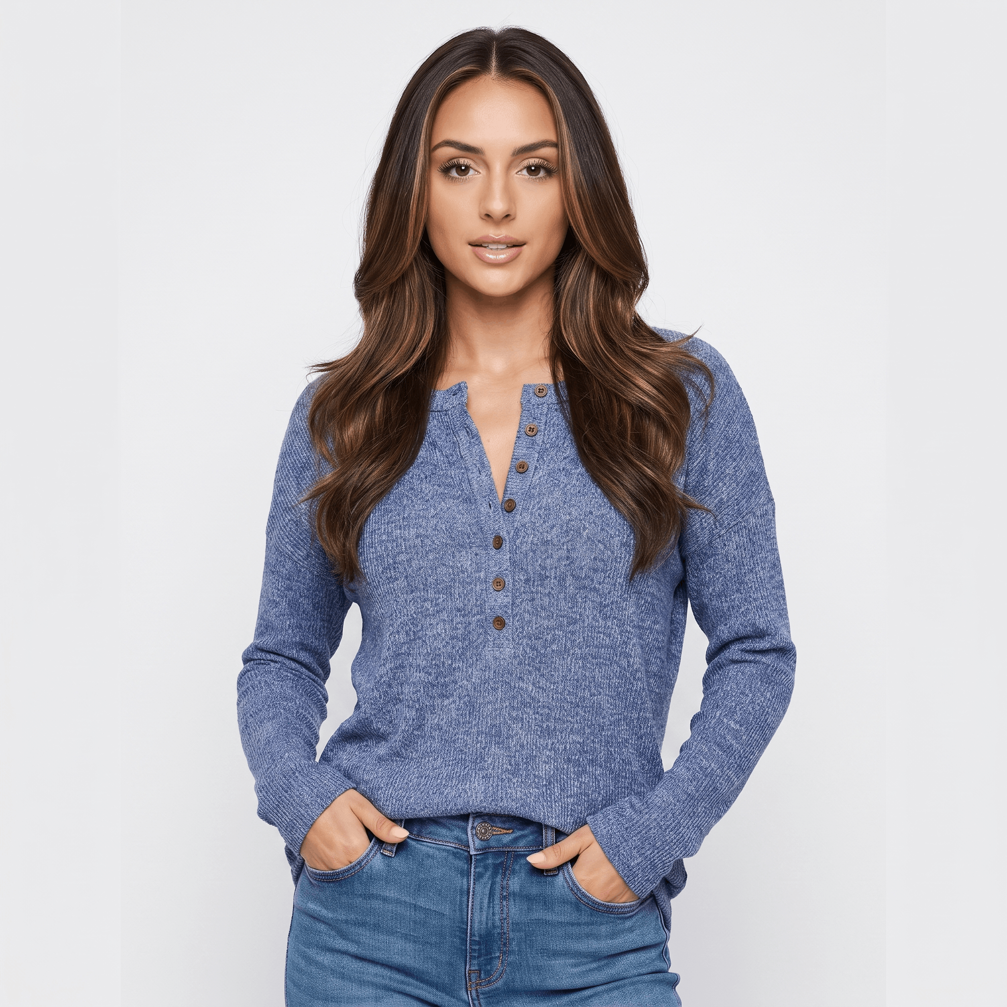 Clarisse Cotton Blend Henley Top – Boho Button-Up Long-Sleeve V-Neck Shirt